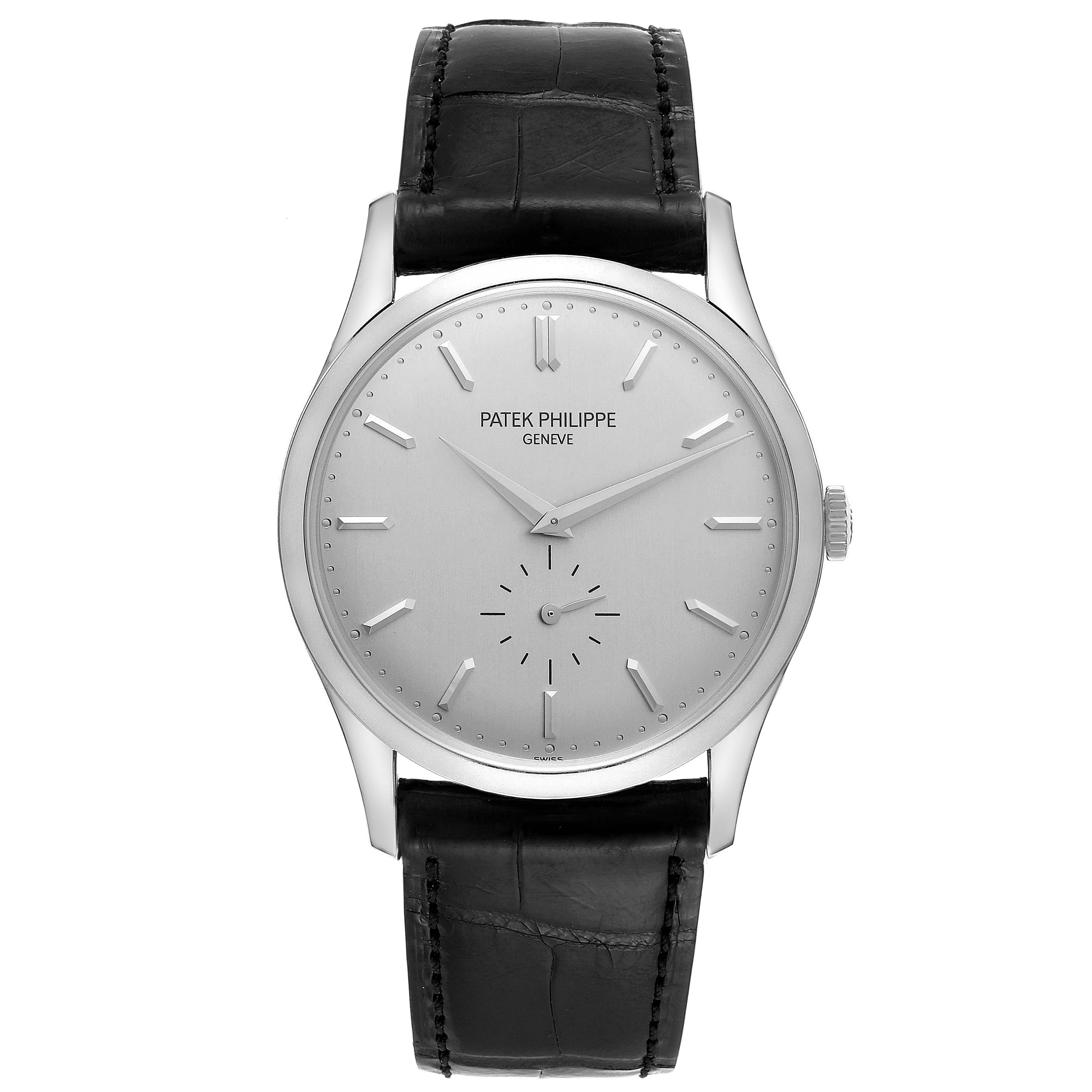 The image shows a frontal view of a Patek Philippe Calatrava 5196G Men's White Gold Silver Dial 5196G Men's White Gold Silver Dial watch, including the face, hands, and black leather strap.