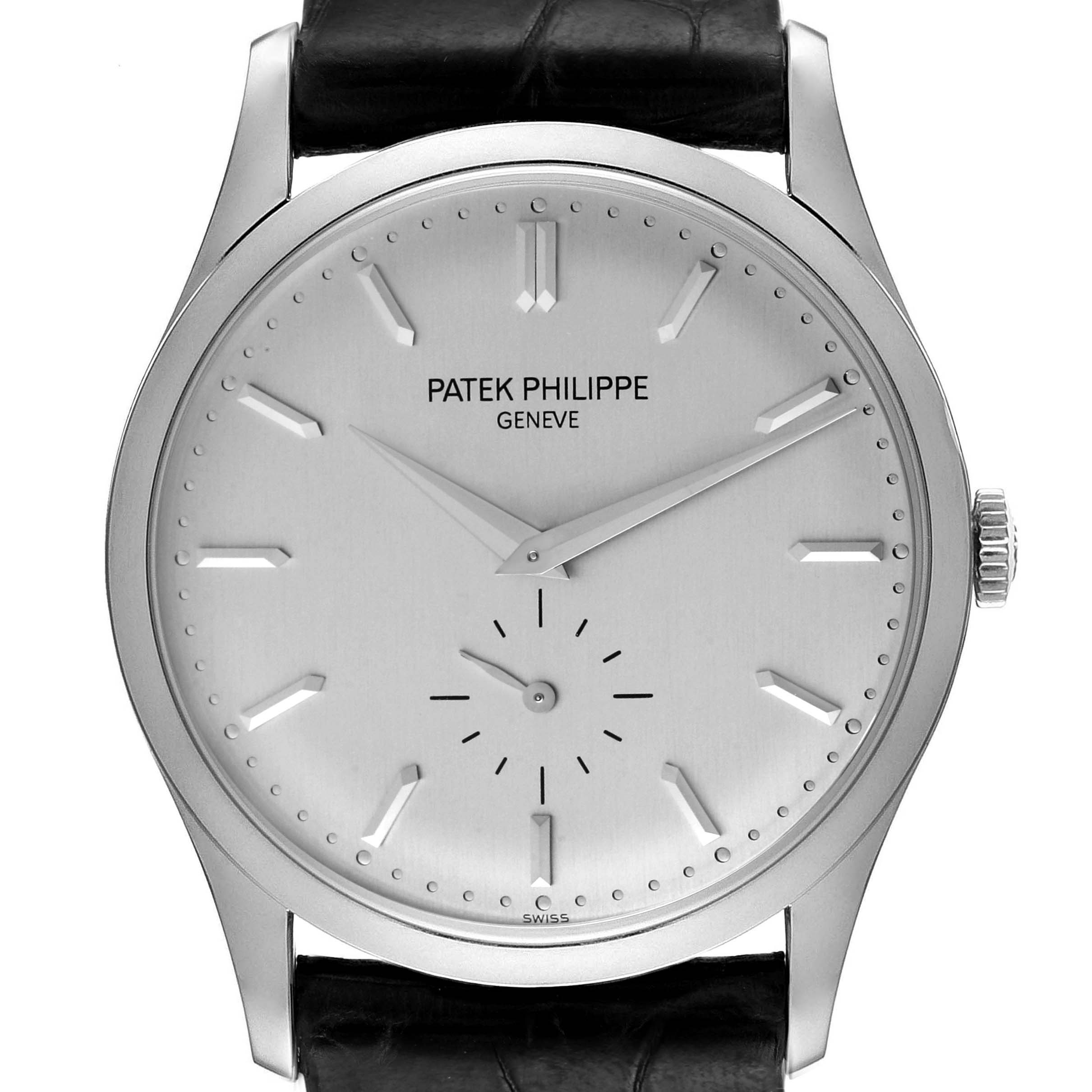 This image shows a front view of a Patek Philippe Calatrava 5196G Men
s White Gold Silver Dial 5196G Men
s White Gold Silver Dial watch, displaying its face, hands, markers, crown, and leather strap attachment.