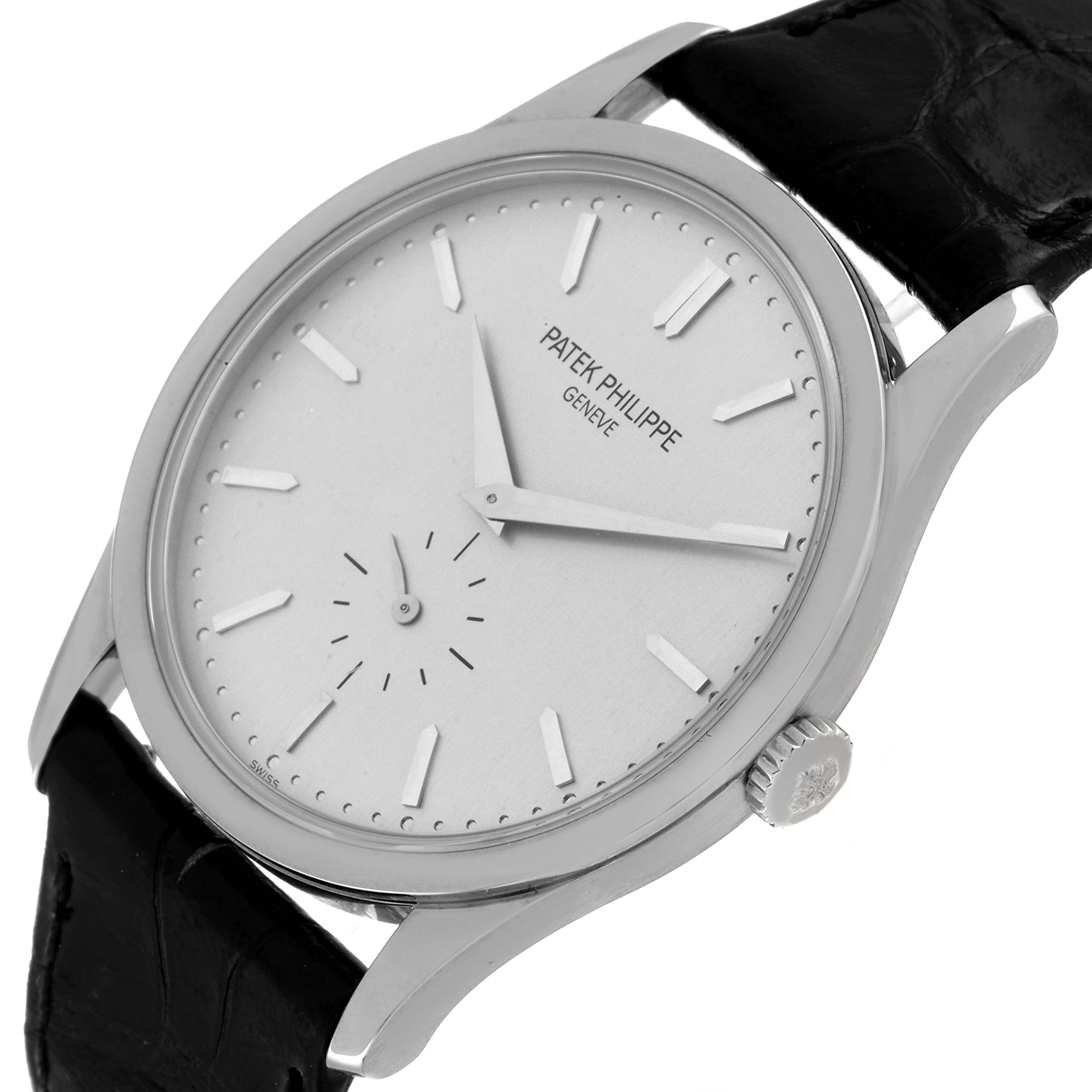 The image shows a close-up, angled view of the watch face and crown of a Patek Philippe Calatrava 5196G Men
s White Gold Silver Dial 5196G Men
s White Gold Silver Dial model.