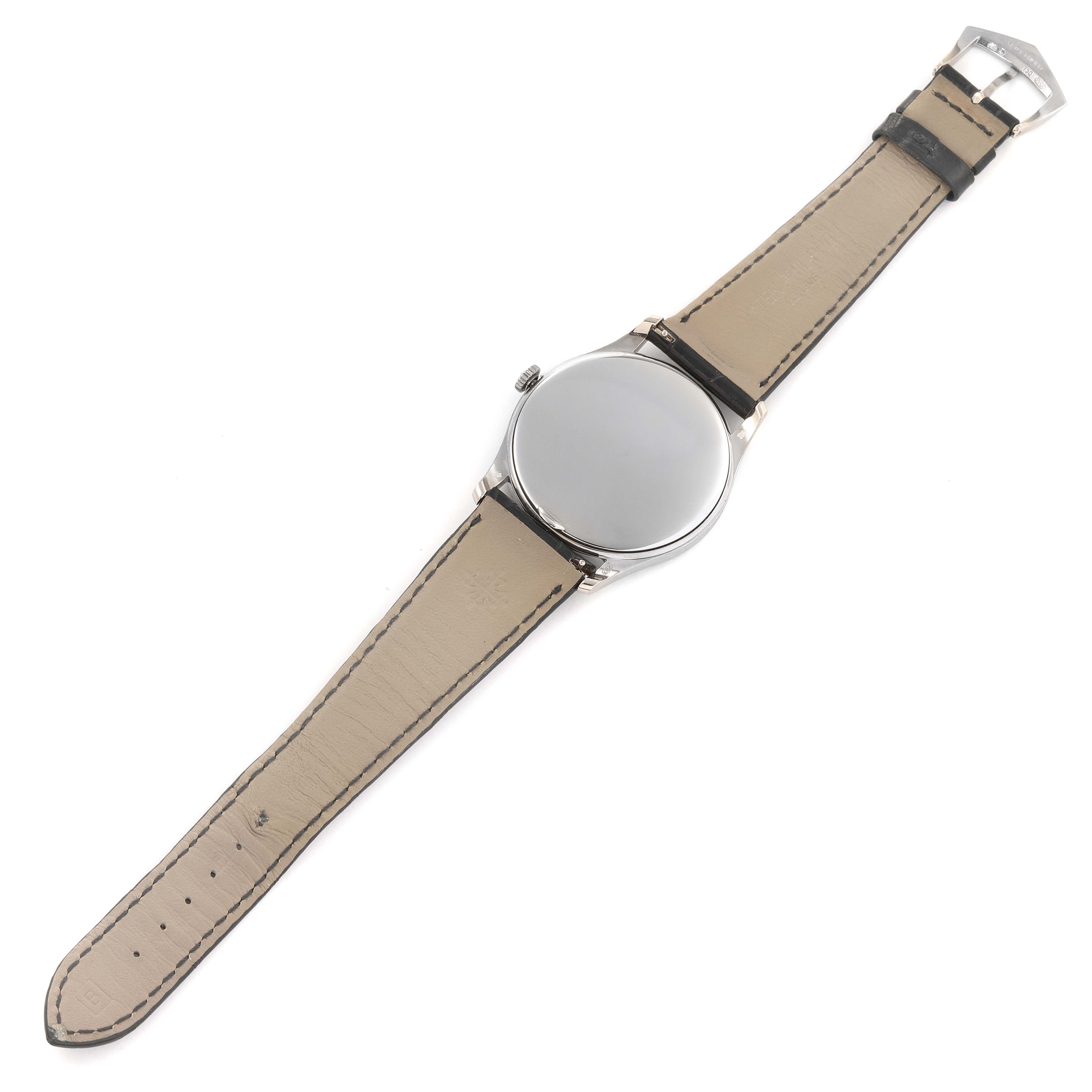 This photo shows the back view of the Patek Philippe Calatrava 5196G Men
s White Gold Silver Dial 5196G Men
s White Gold Silver Dial watch, including the leather strap and case back.