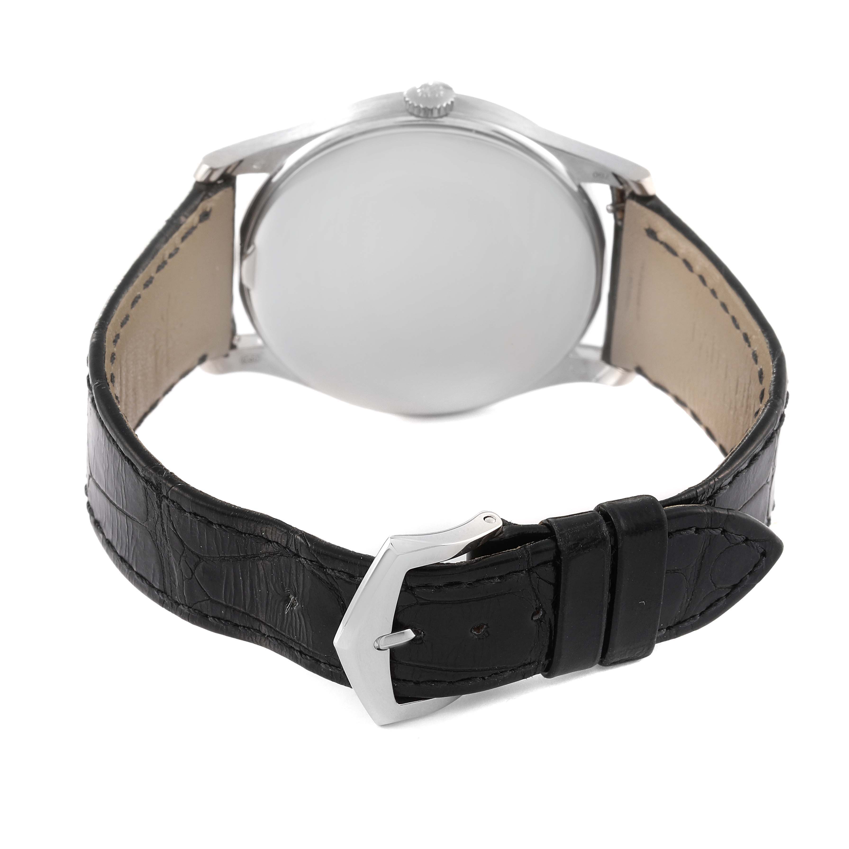 This image shows the back view of a Patek Philippe Calatrava 5196G Men
s White Gold Silver Dial 5196G Men
s White Gold Silver Dial watch with a leather strap and a silver buckle.