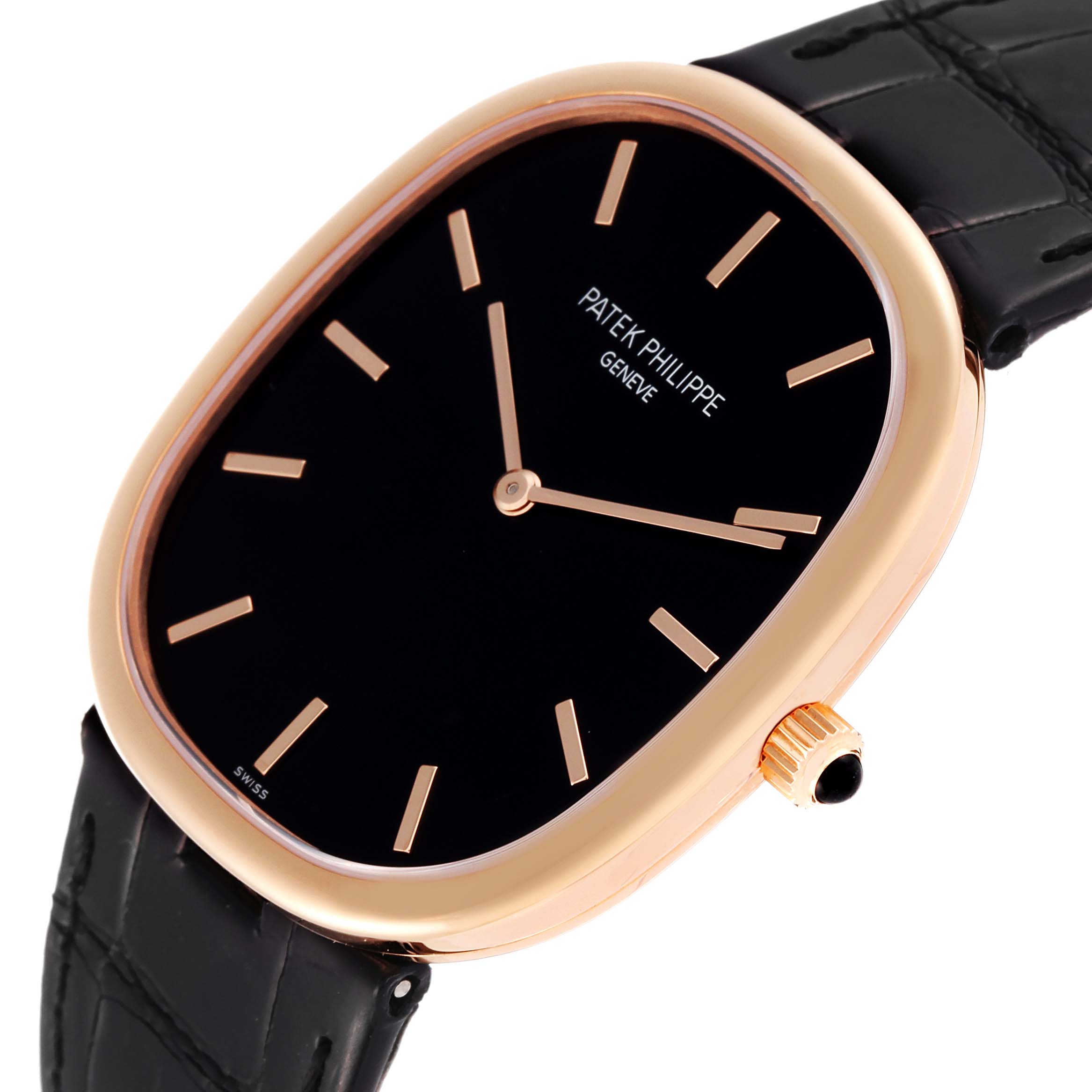 The watch is shown at a slight angle showcasing its face, hands, crown, and black leather strap, highlighting the Patek Philippe Golden Ellipse 5738 Men's Rose Gold Black Dial 5738 Men's Rose Gold Black Dial model.