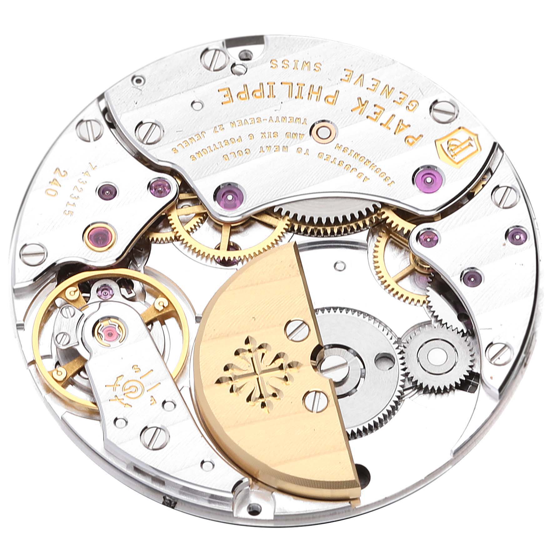 The image shows the intricate internal mechanism of a Patek Philippe Golden Ellipse 5738 Men's Rose Gold Black Dial 5738 Men's Rose Gold Black Dial watch from a top-down angle.