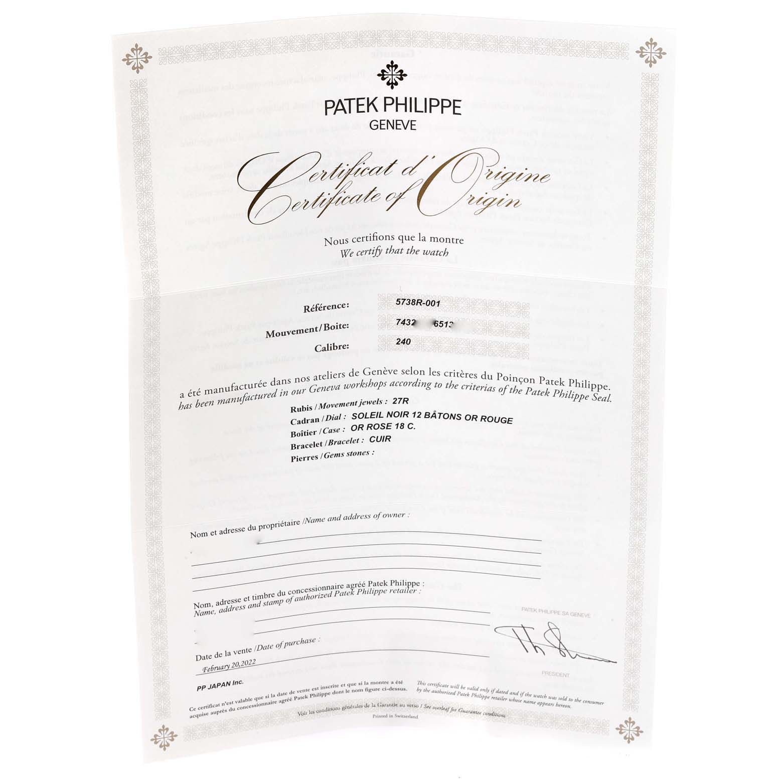 The image shows the Certificate of Origin for the Patek Philippe Golden Ellipse 5738 Men's Rose Gold Black Dial 5738 Men's Rose Gold Black Dial watch model.