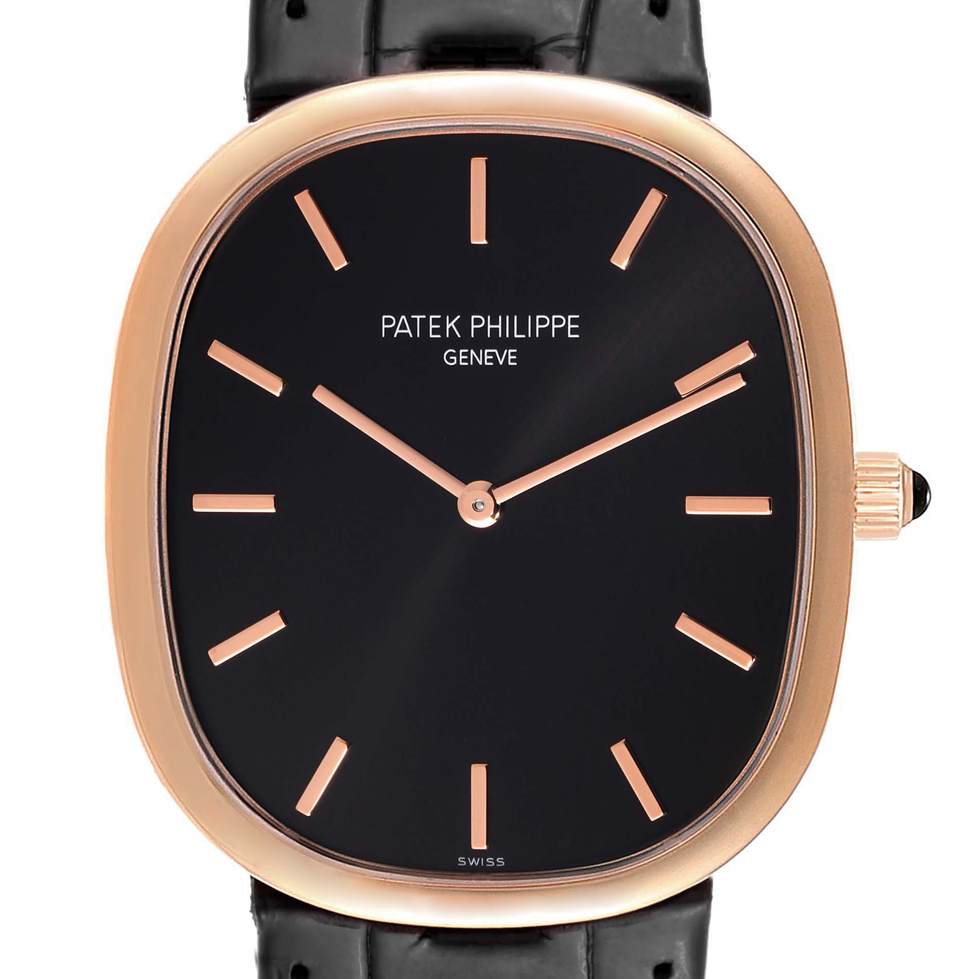 This image shows a front view of the Patek Philippe Golden Ellipse 5738 Men's Rose Gold Black Dial 5738 Men's Rose Gold Black Dial watch, displaying the dial, hands, indexes, and crown.