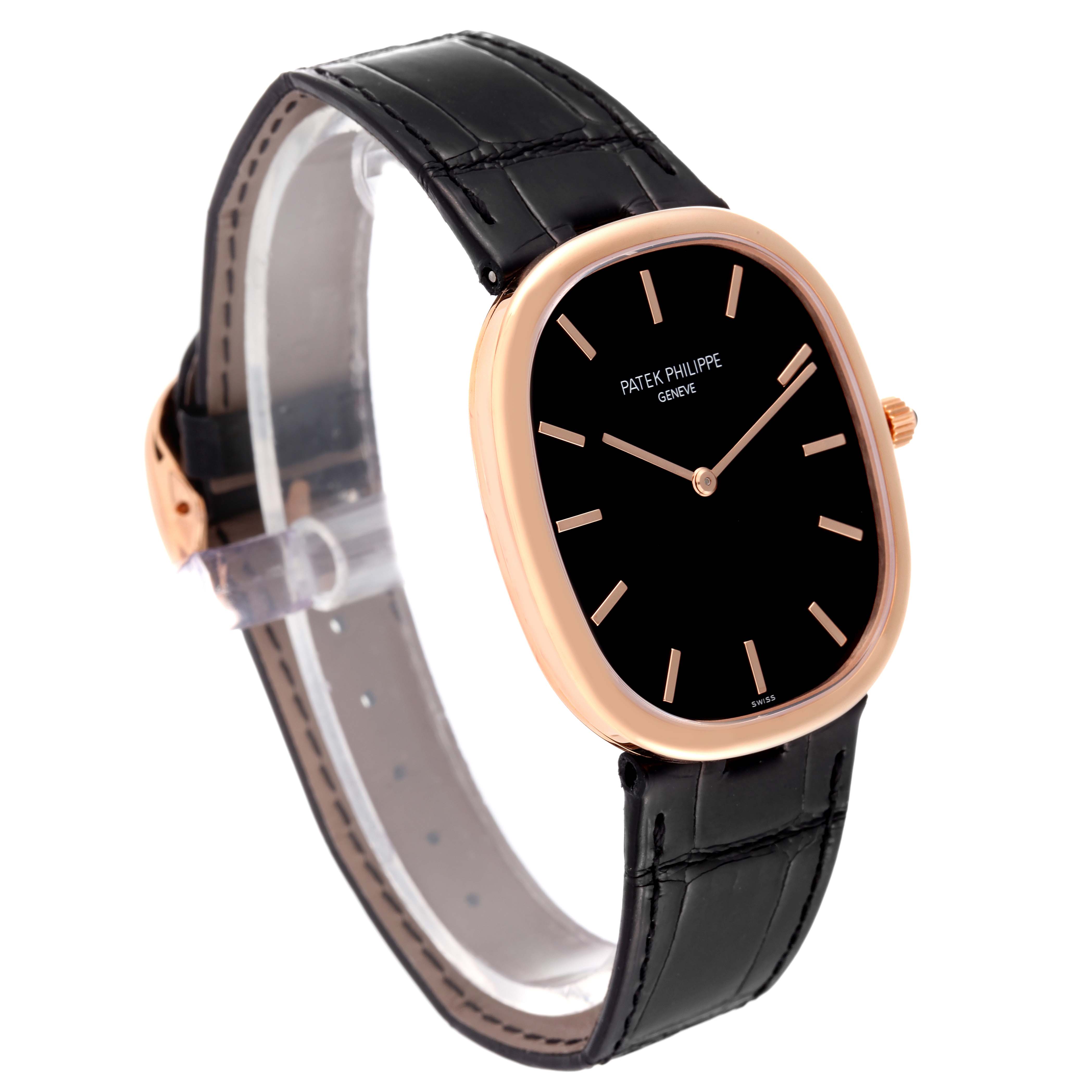 This image shows a side angle of the Patek Philippe Golden Ellipse 5738 Men's Rose Gold Black Dial 5738 Men's Rose Gold Black Dial watch, highlighting its black dial, case, and leather strap.