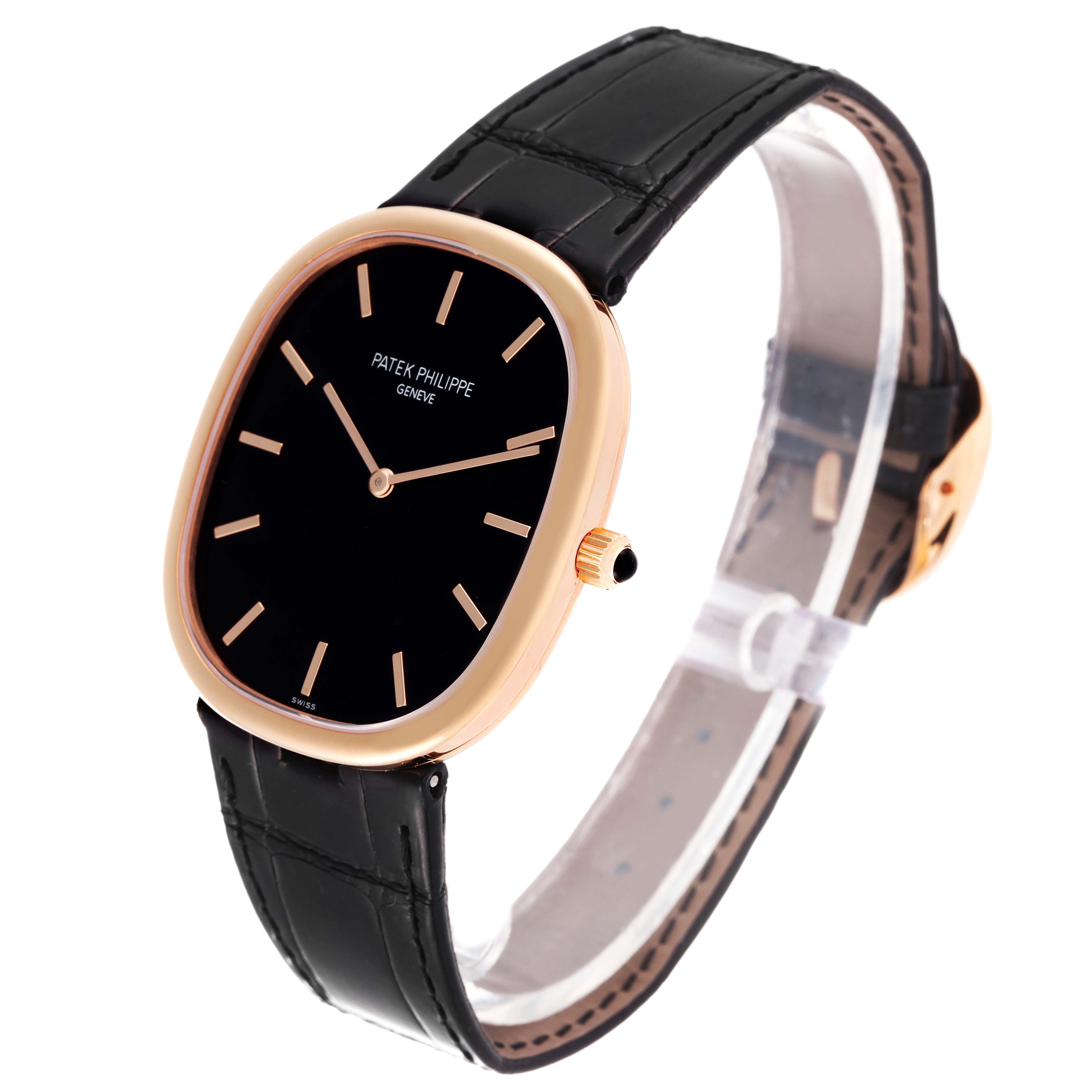This image shows a side angle of the Patek Philippe Golden Ellipse 5738 Men's Rose Gold Black Dial 5738 Men's Rose Gold Black Dial watch, displaying its face, case, strap, and crown.