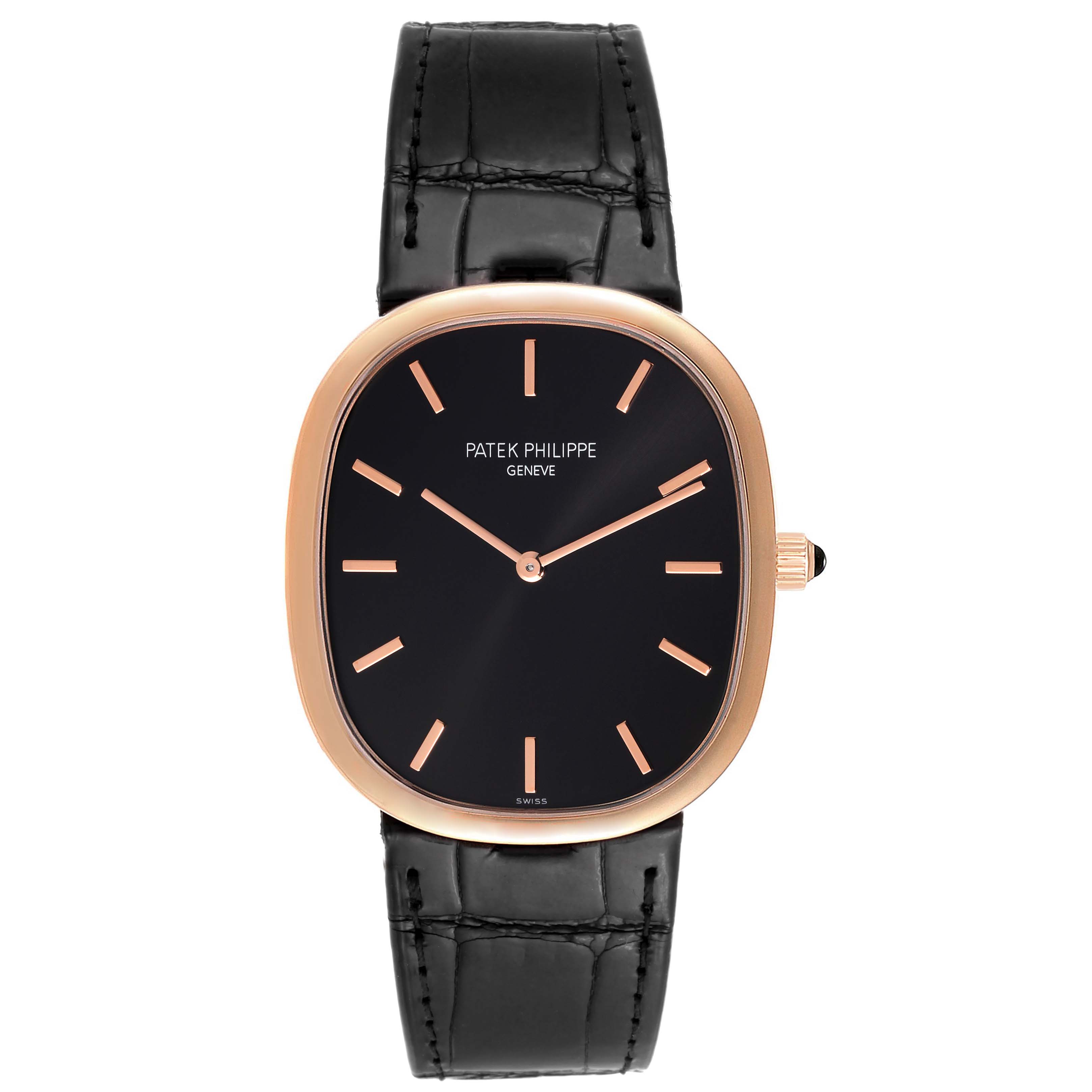 This image shows a frontal view of the Patek Philippe Golden Ellipse 5738 Men's Rose Gold Black Dial 5738 Men's Rose Gold Black Dial watch, highlighting its dial, case, and strap.