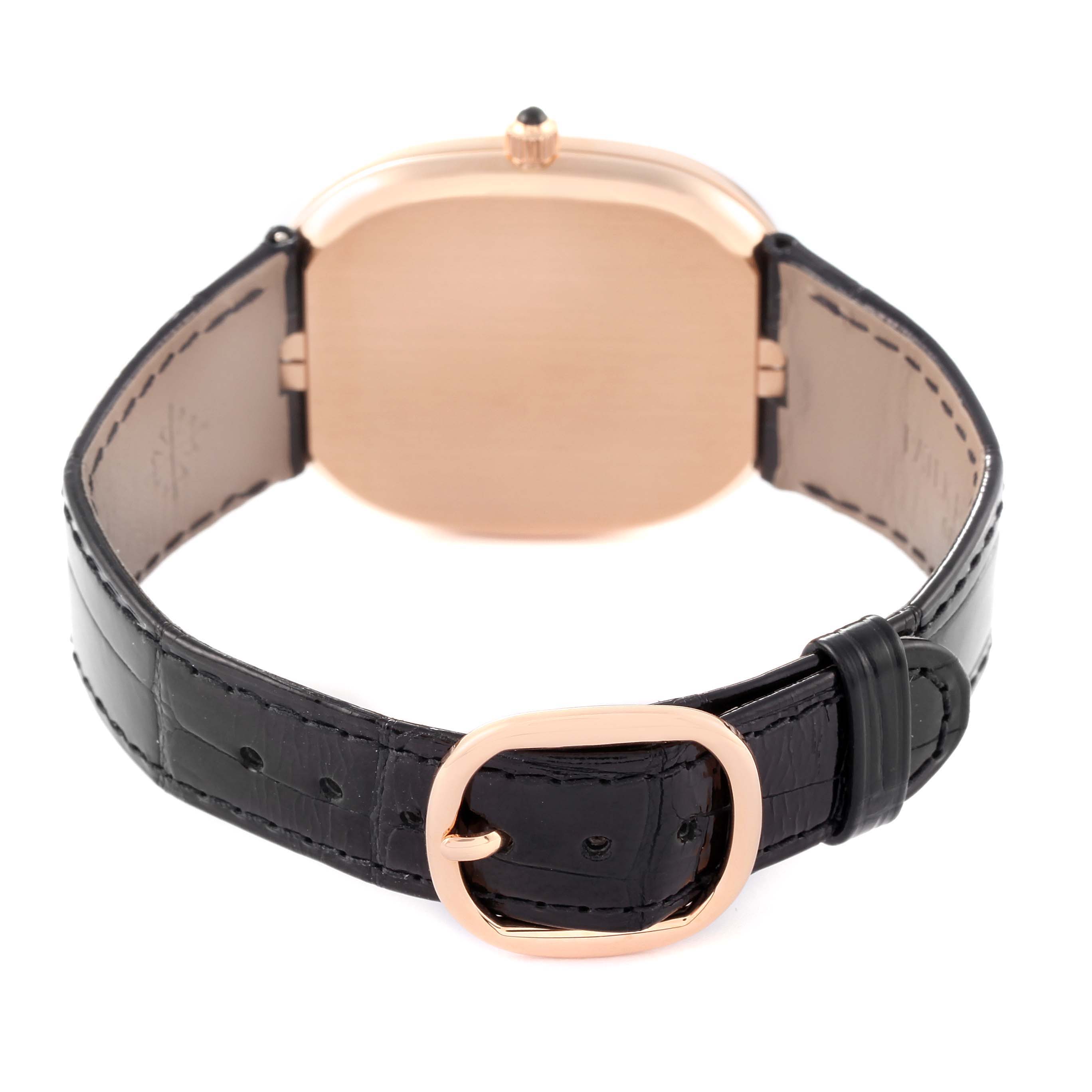 The image shows the back and strap of a Patek Philippe Golden Ellipse 5738 Men's Rose Gold Black Dial 5738 Men's Rose Gold Black Dial watch.