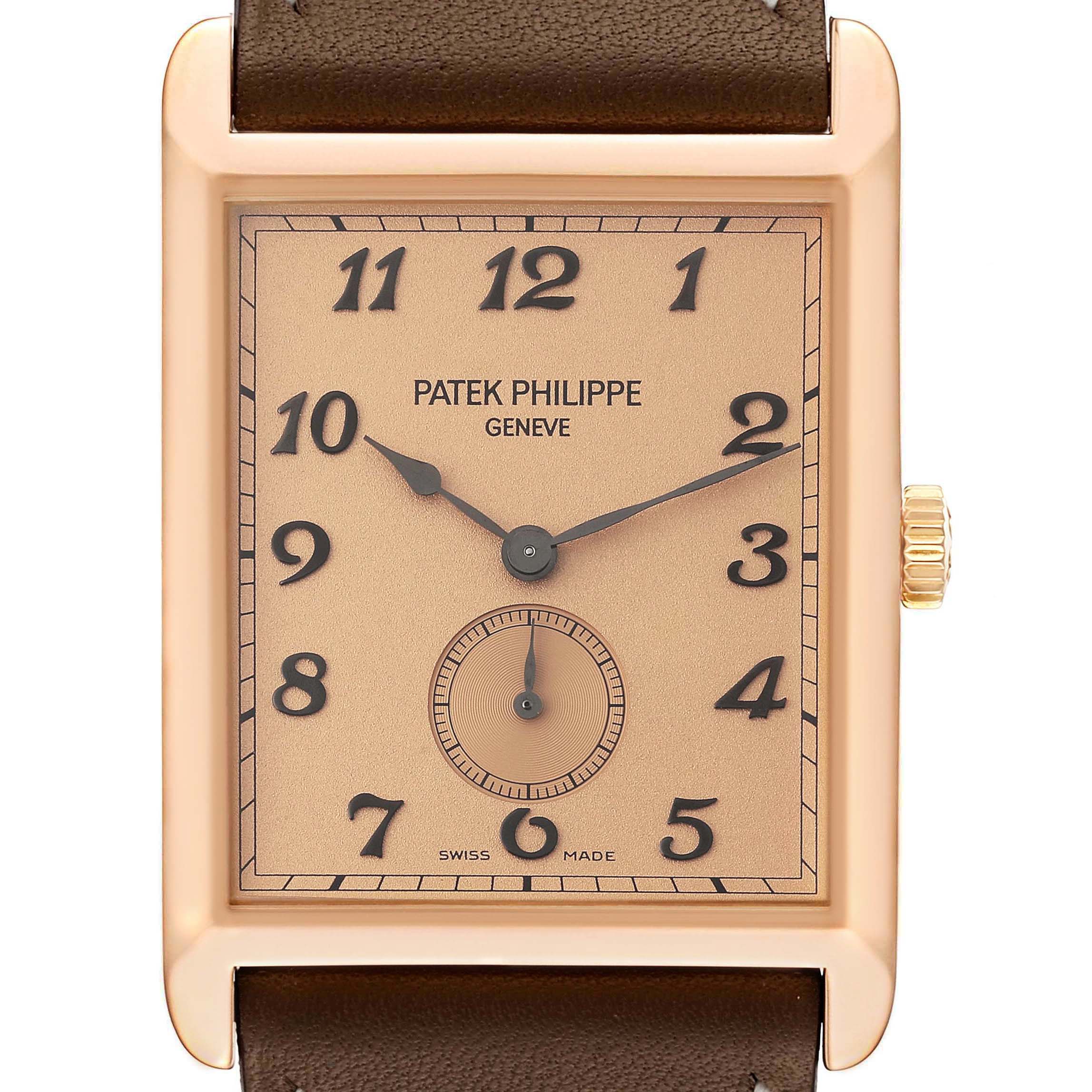 The Patek Philippe Gondolo 5109R Men's Rose Gold Pink Dial 5109R Men's Rose Gold Pink Dial watch is shown from a front angle, displaying the dial, numerals, and crown.