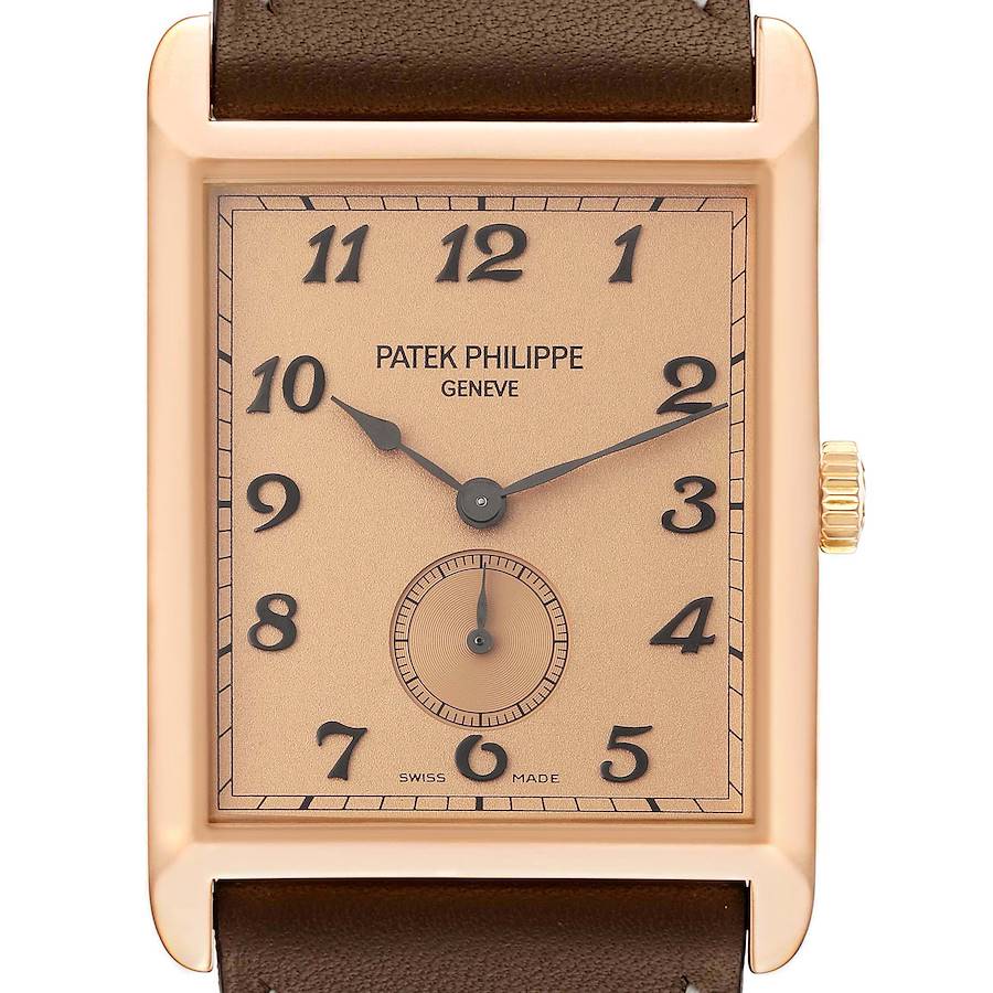 The Patek Philippe Gondolo watch is shown from a front angle, displaying the dial, numerals, and crown.