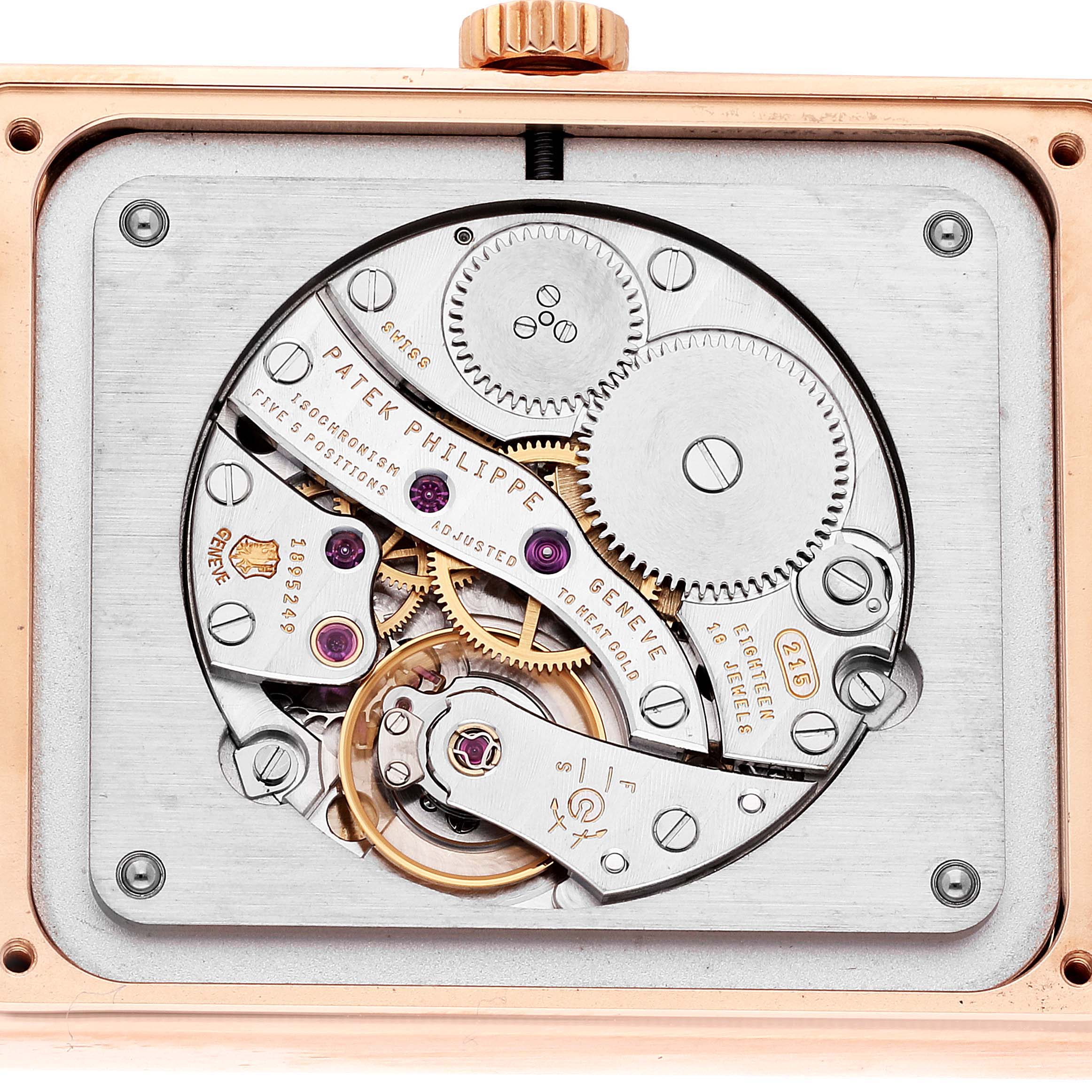 The image shows the intricate back view of the Patek Philippe Gondolo 5109R Men's Rose Gold Pink Dial 5109R Men's Rose Gold Pink Dial watch, focusing on the exposed internal movement and gears.