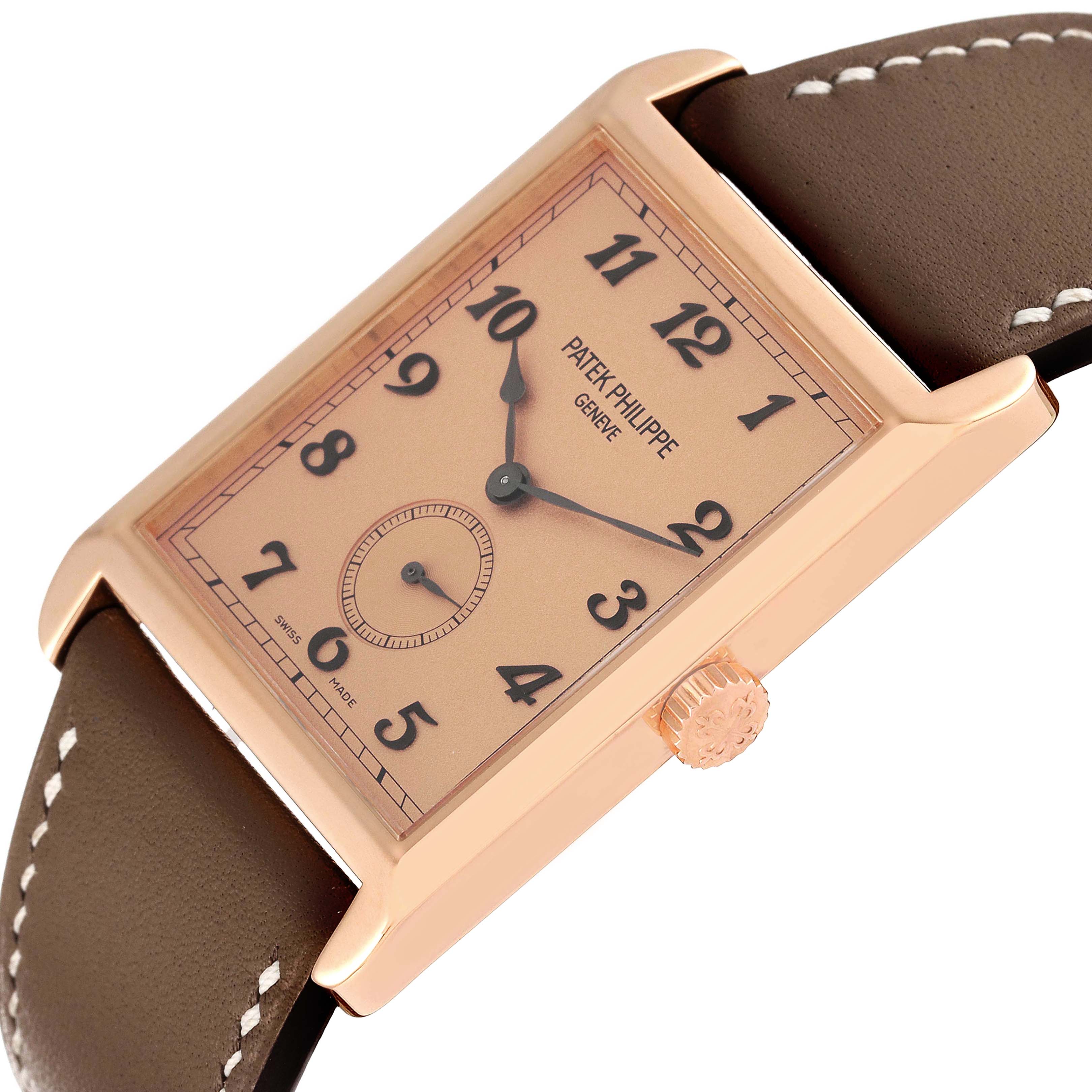 The Patek Philippe Gondolo 5109R Men's Rose Gold Pink Dial 5109R Men's Rose Gold Pink Dial is shown at an angled view, highlighting its rectangular case, crown, dial, and leather strap.