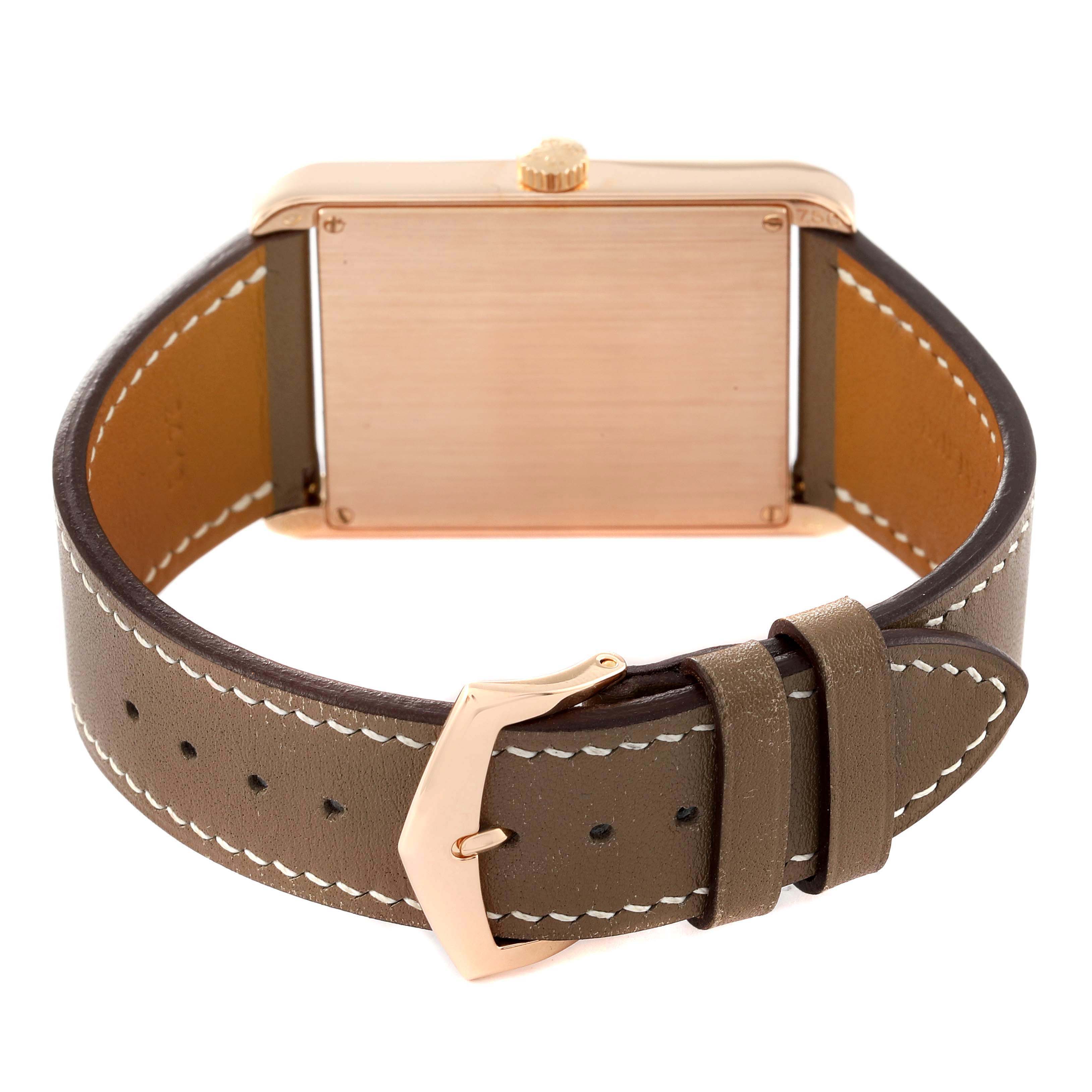 The image shows the backside and buckle of a Patek Philippe Gondolo 5109R Men's Rose Gold Pink Dial 5109R Men's Rose Gold Pink Dial watch with a brown leather strap and gold buckle.