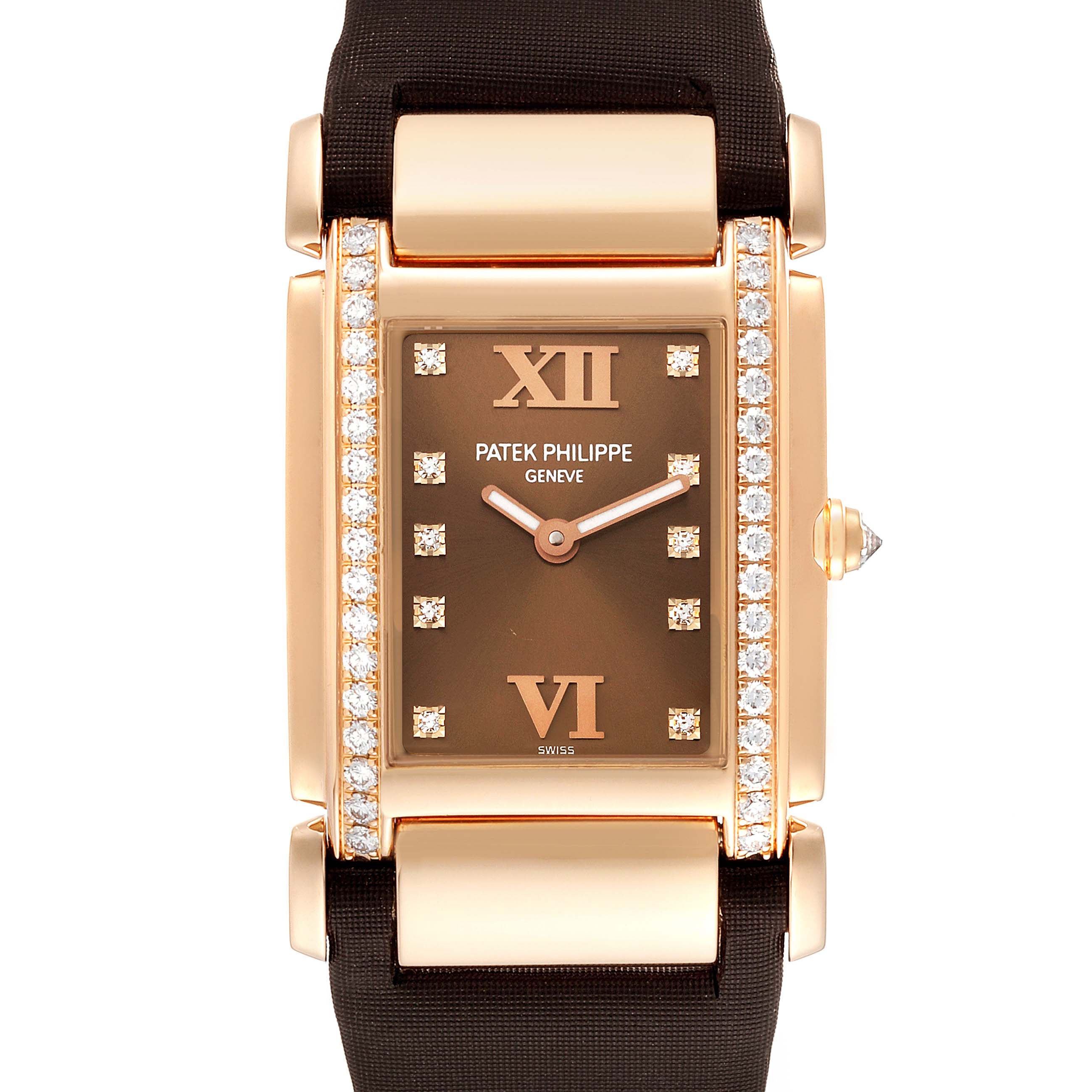 This image shows a frontal view of the Patek Philippe Twenty-4 4920R-10 Women's Rose Gold Brown Dial 4920R-10 Women's Rose Gold Brown Dial model watch, featuring a rectangular dial with diamond accents.