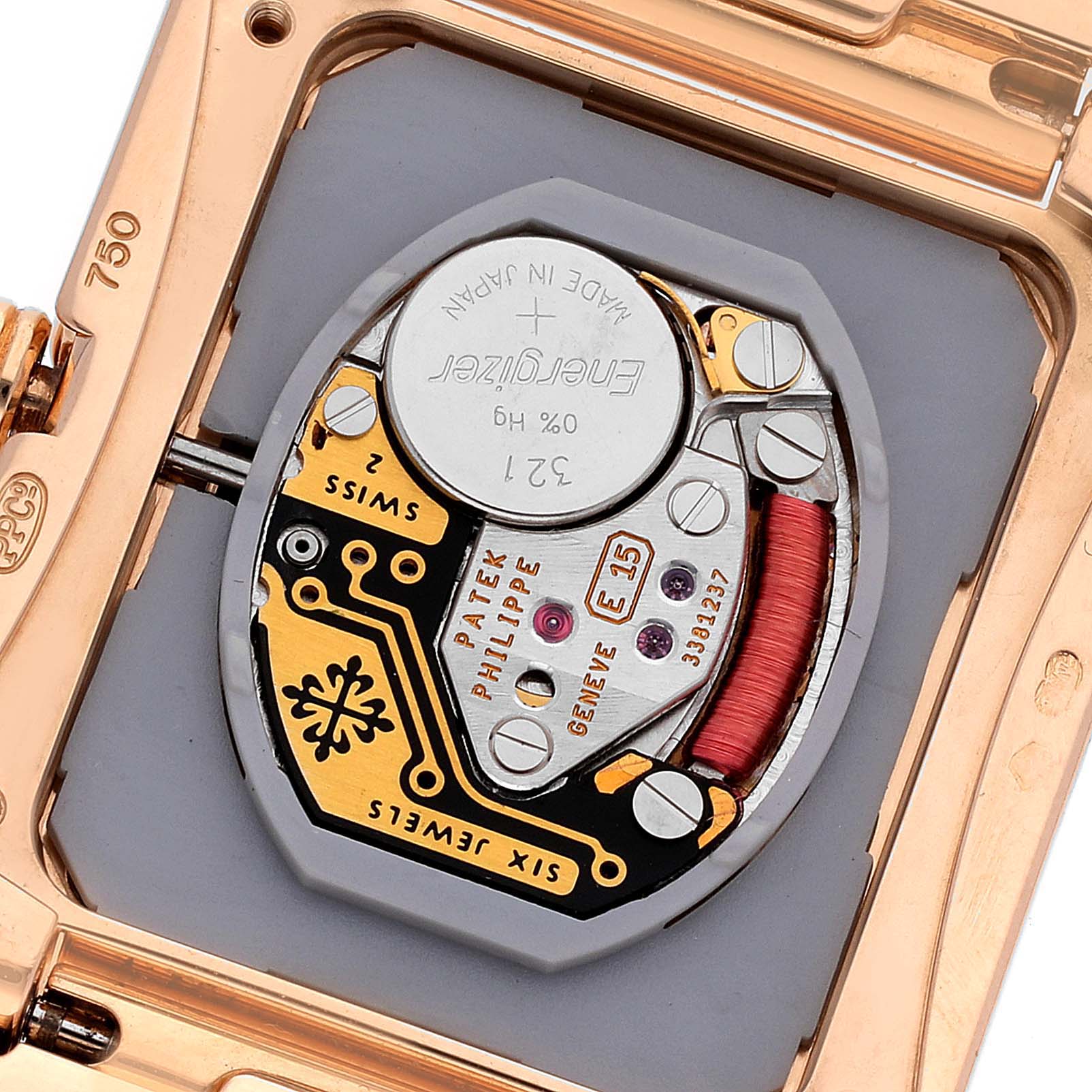 This is a close-up view of the movement and inner mechanism of a Patek Philippe Twenty-4 4920R-10 Women's Rose Gold Brown Dial 4920R-10 Women's Rose Gold Brown Dial model watch.