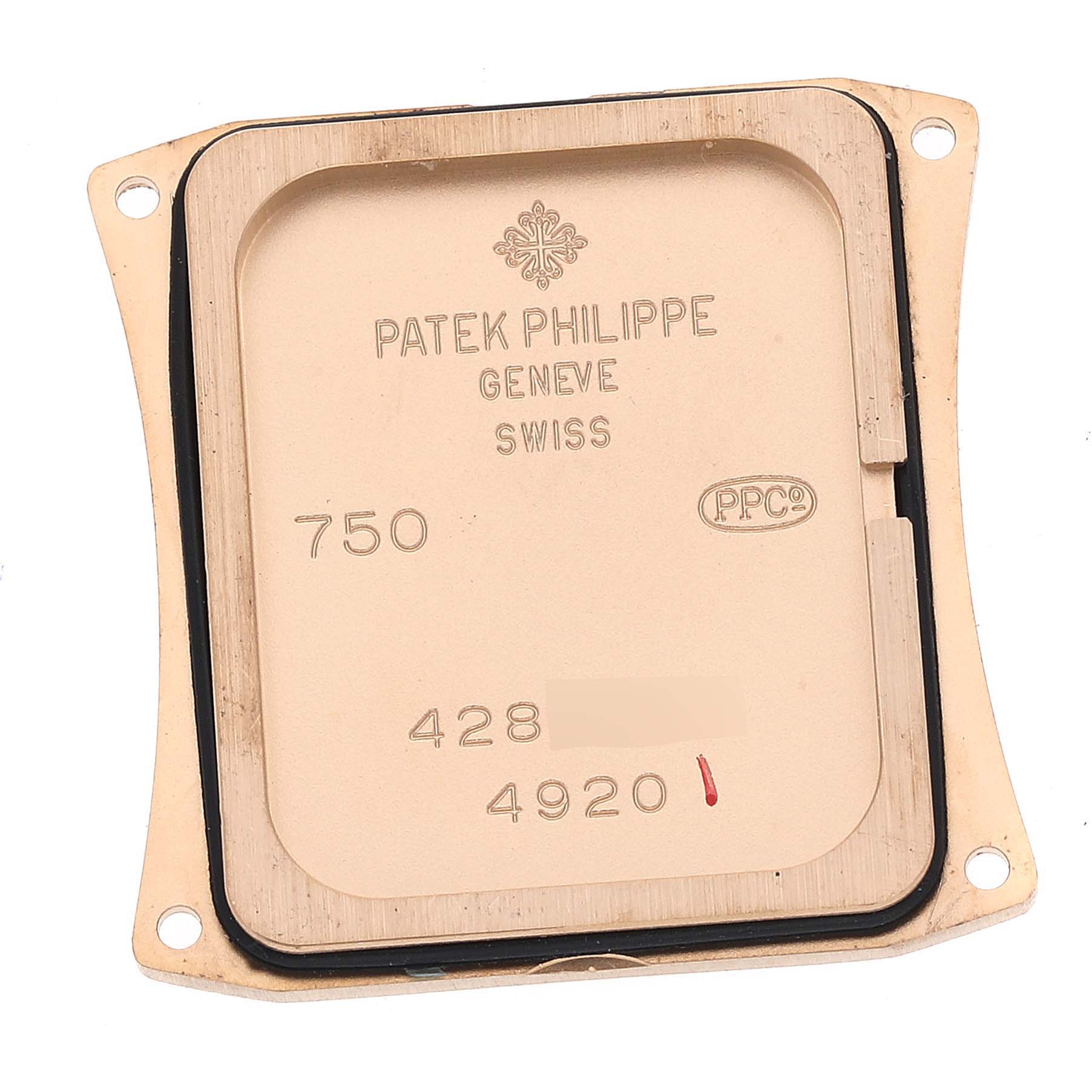 The image shows the back case cover of a Patek Philippe Twenty-4 4920R-10 Women's Rose Gold Brown Dial 4920R-10 Women's Rose Gold Brown Dial watch, displaying inscriptions and numbers.