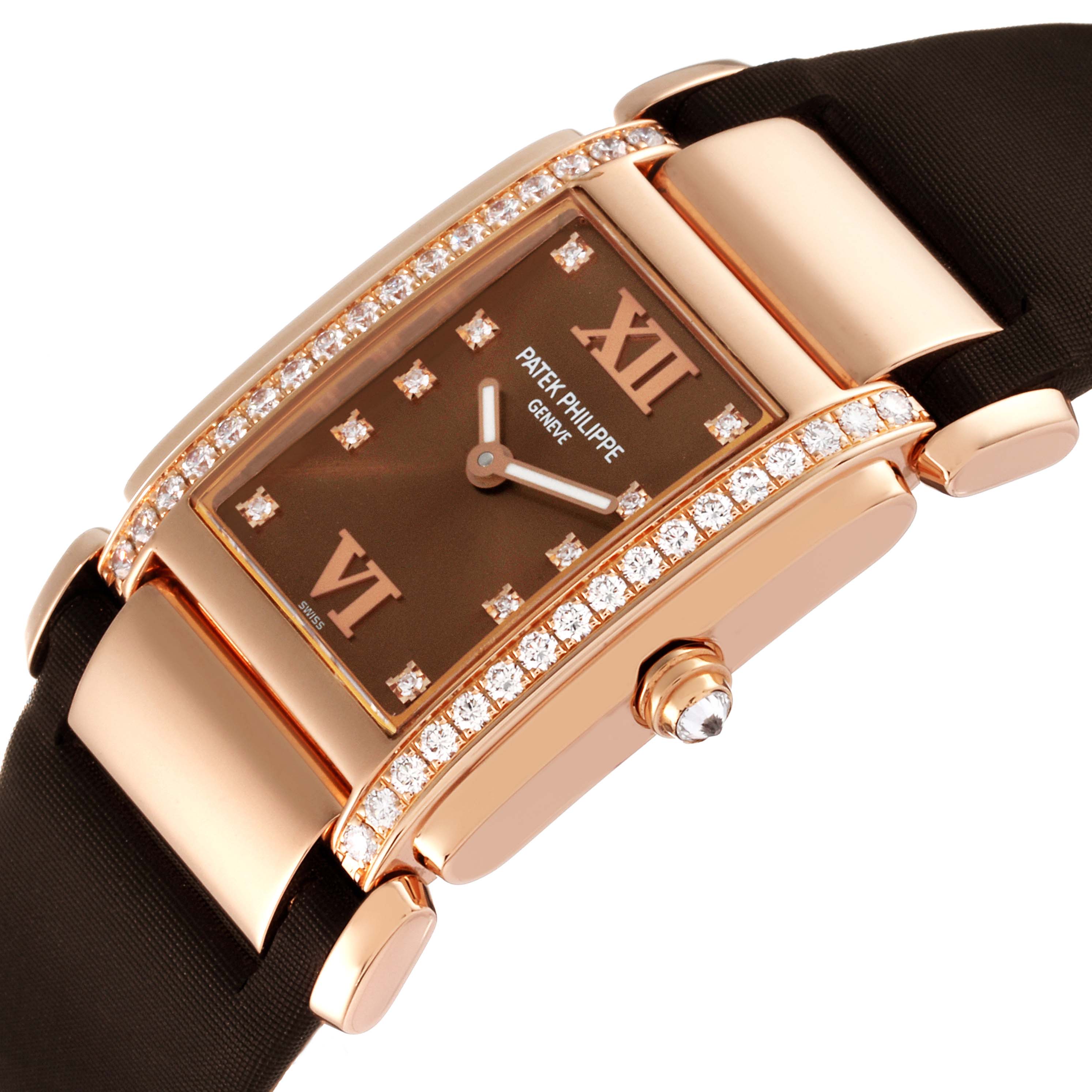 This image shows a Patek Philippe Twenty-4 4920R-10 Women's Rose Gold Brown Dial 4920R-10 Women's Rose Gold Brown Dial watch from an angled top view, highlighting its diamond-set bezel and brown dial.