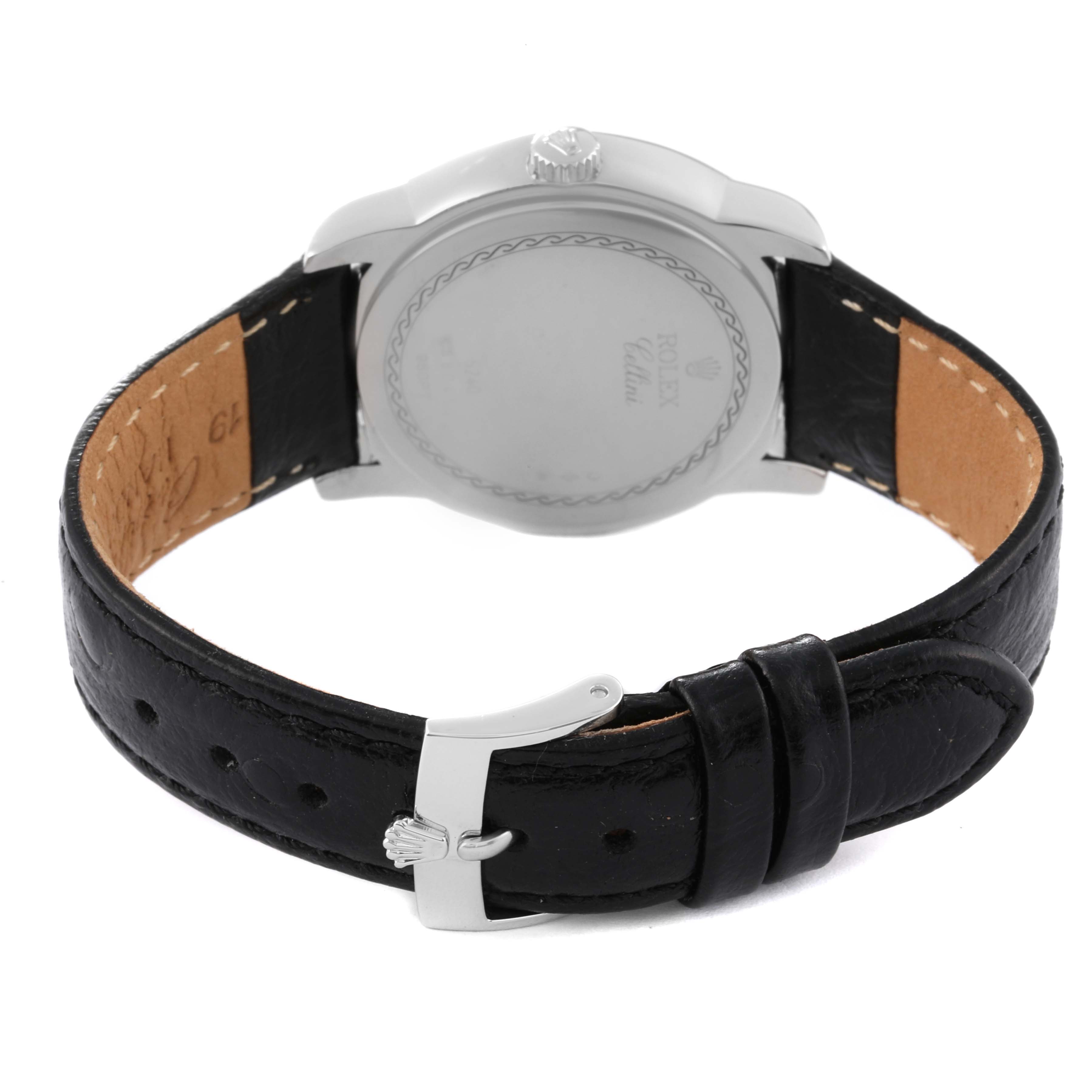 The image shows the back case and strap of a Rolex Cellini 5240 Men's Platinum Mother of Pearl Dial 5240 Men's Platinum Mother of Pearl Dial watch, highlighting the crown and buckle.