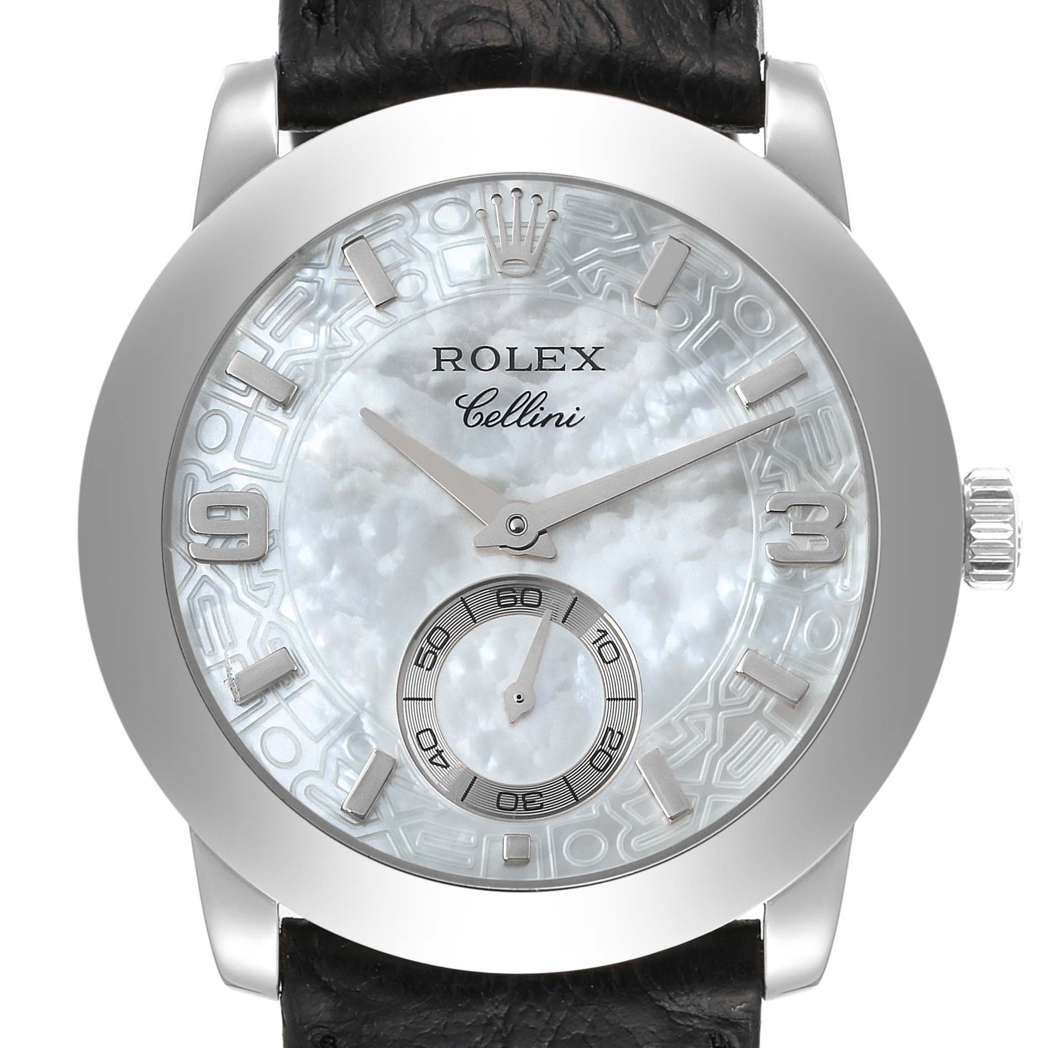The Rolex Cellini 5240 Men's Platinum Mother of Pearl Dial 5240 Men's Platinum Mother of Pearl Dial watch is shown from a front angle, highlighting its dial, hands, crown, and part of the leather strap.