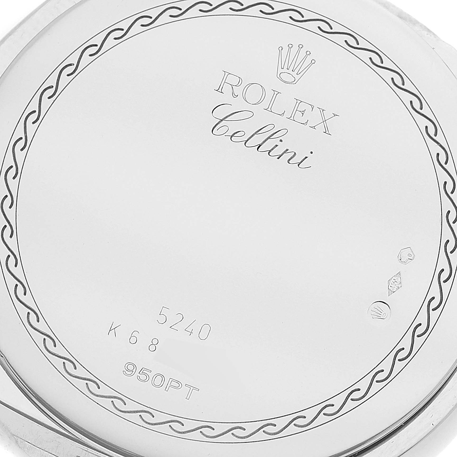 This image shows the caseback of a Rolex Cellini 5240 Men's Platinum Mother of Pearl Dial 5240 Men's Platinum Mother of Pearl Dial watch, featuring engravings and hallmarks.