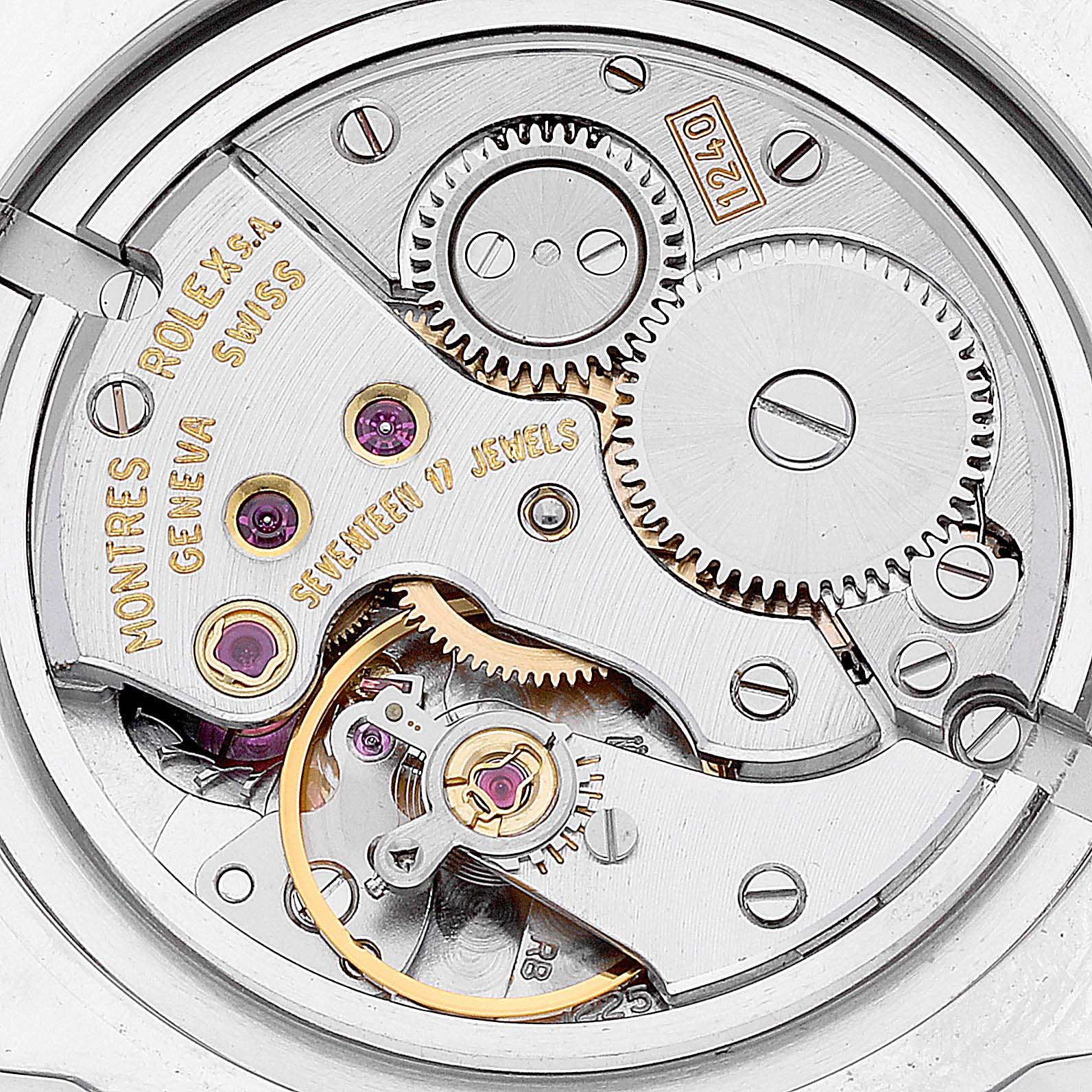 This image shows a close-up view of the intricate internal mechanical parts of a Rolex Cellini 5240 Men's Platinum Mother of Pearl Dial 5240 Men's Platinum Mother of Pearl Dial watch.
