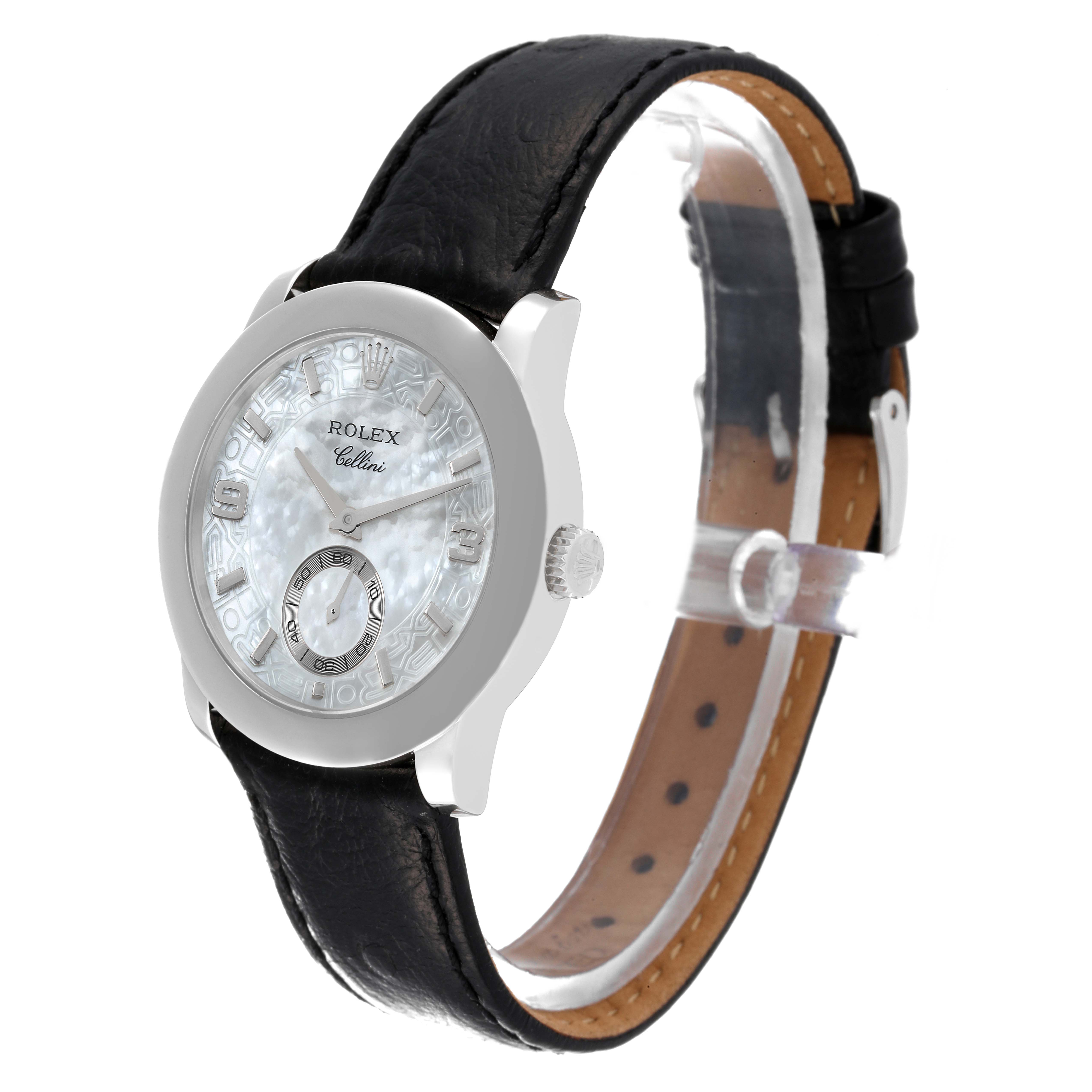 The image shows a Rolex Cellini 5240 Men's Platinum Mother of Pearl Dial 5240 Men's Platinum Mother of Pearl Dial watch at an angled side view, highlighting the face, bezel, crown, and leather strap.