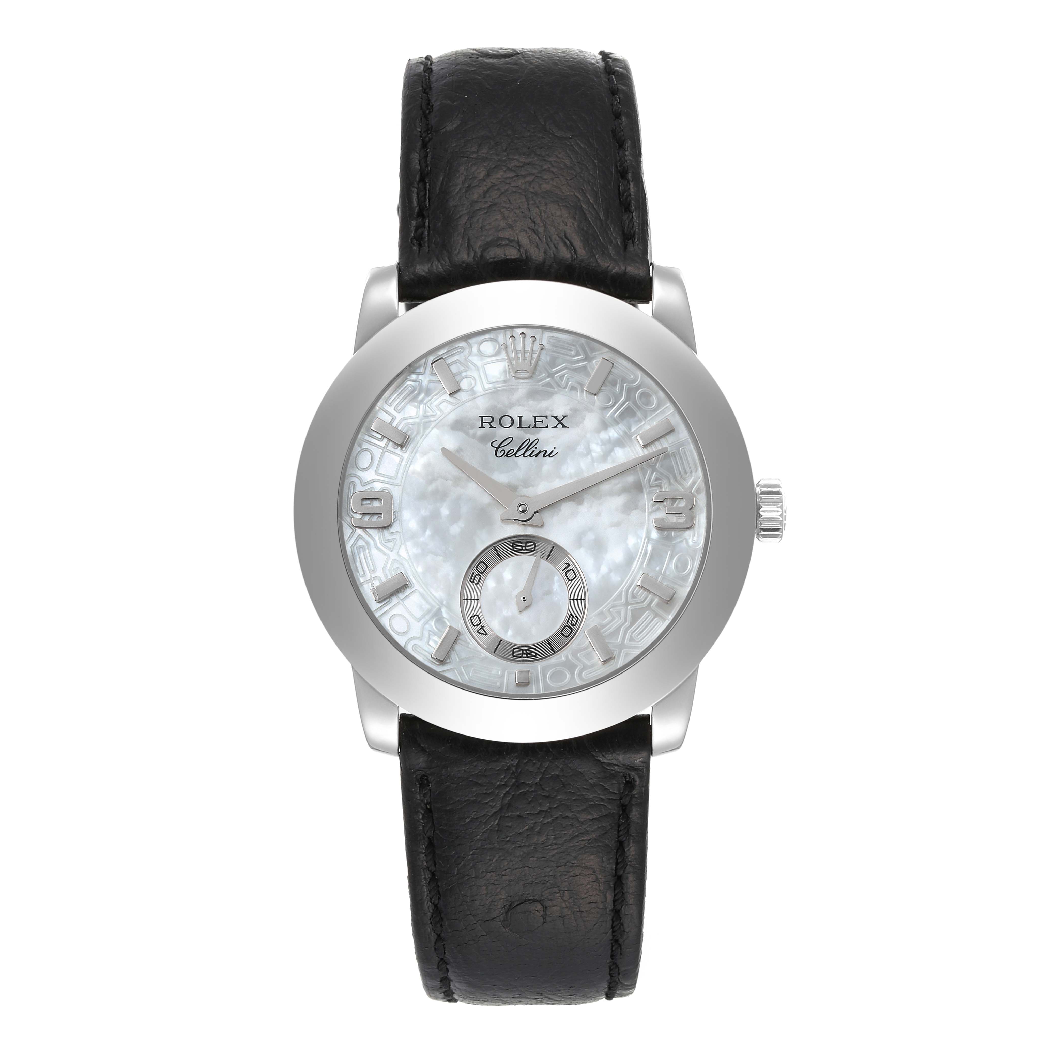 The image shows a front view of a Rolex Cellini 5240 Men's Platinum Mother of Pearl Dial 5240 Men's Platinum Mother of Pearl Dial watch with a leather strap and a white dial with roman numeral markers.
