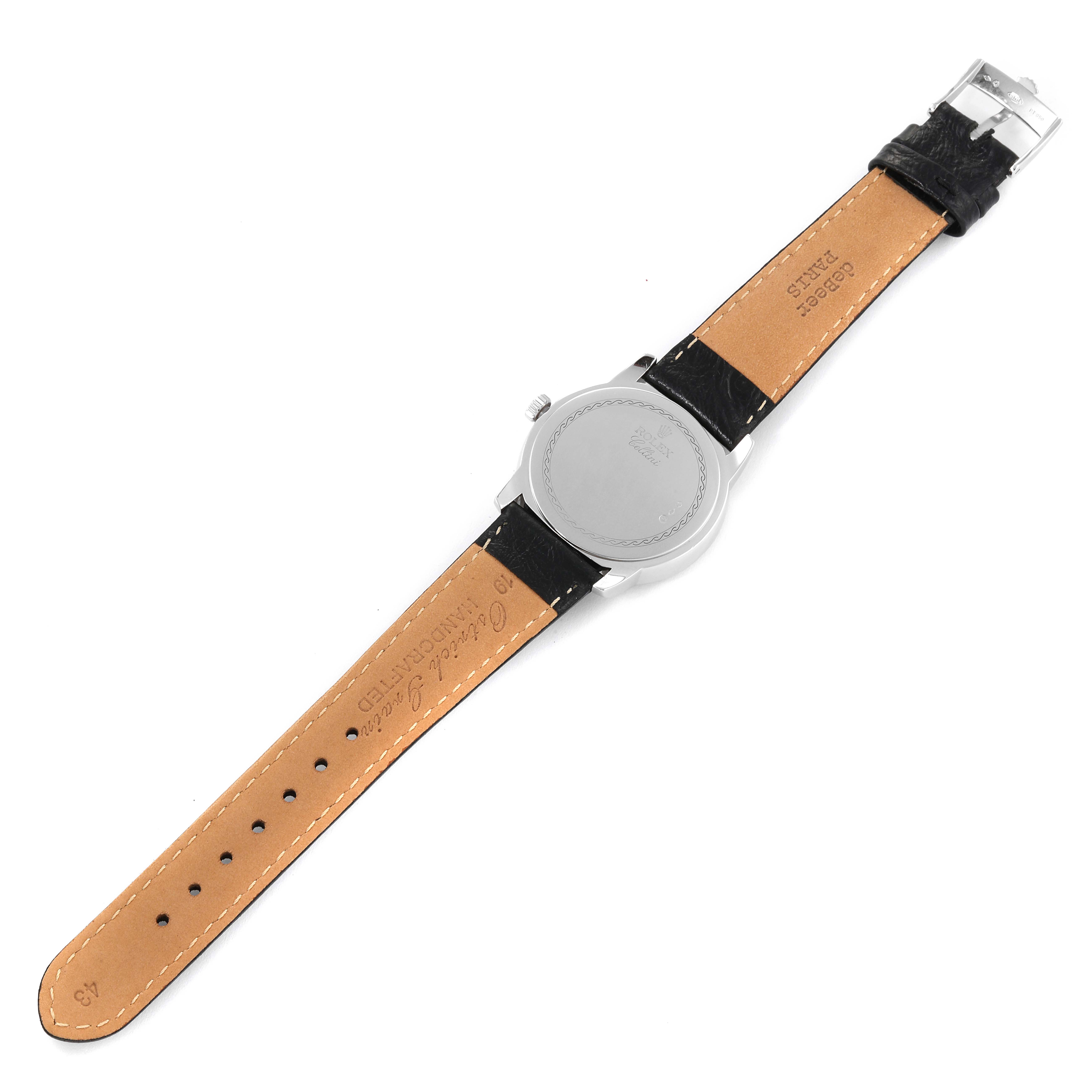 This image shows the back view of a Rolex Cellini 5240 Men's Platinum Mother of Pearl Dial 5240 Men's Platinum Mother of Pearl Dial watch, displaying its case back, leather strap, and buckle.