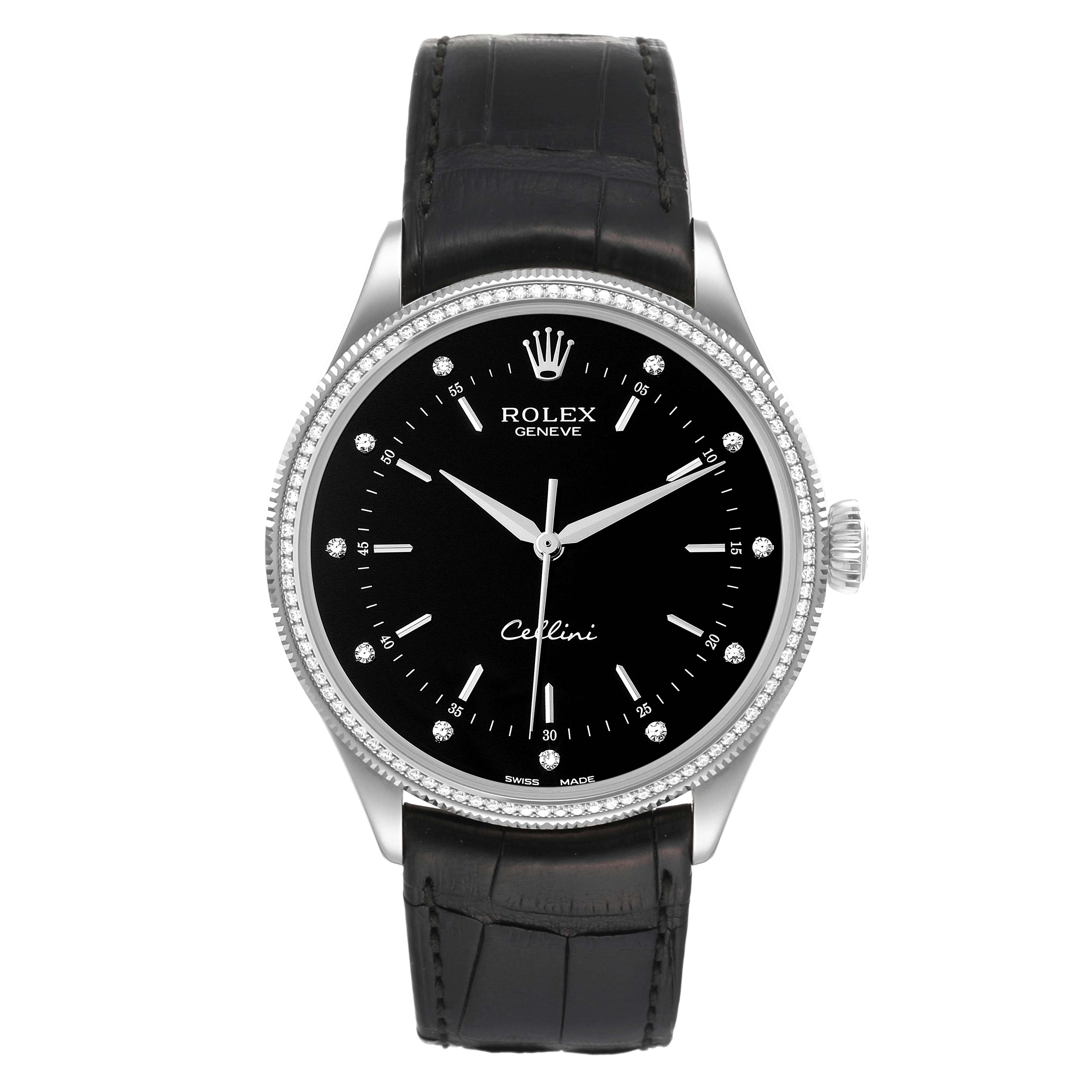 The Rolex Cellini 50609RBR Men's White Gold Black Dial 50609RBR Men's White Gold Black Dial watch is shown from a front angle, displaying its black dial, silver crown, and black leather strap.