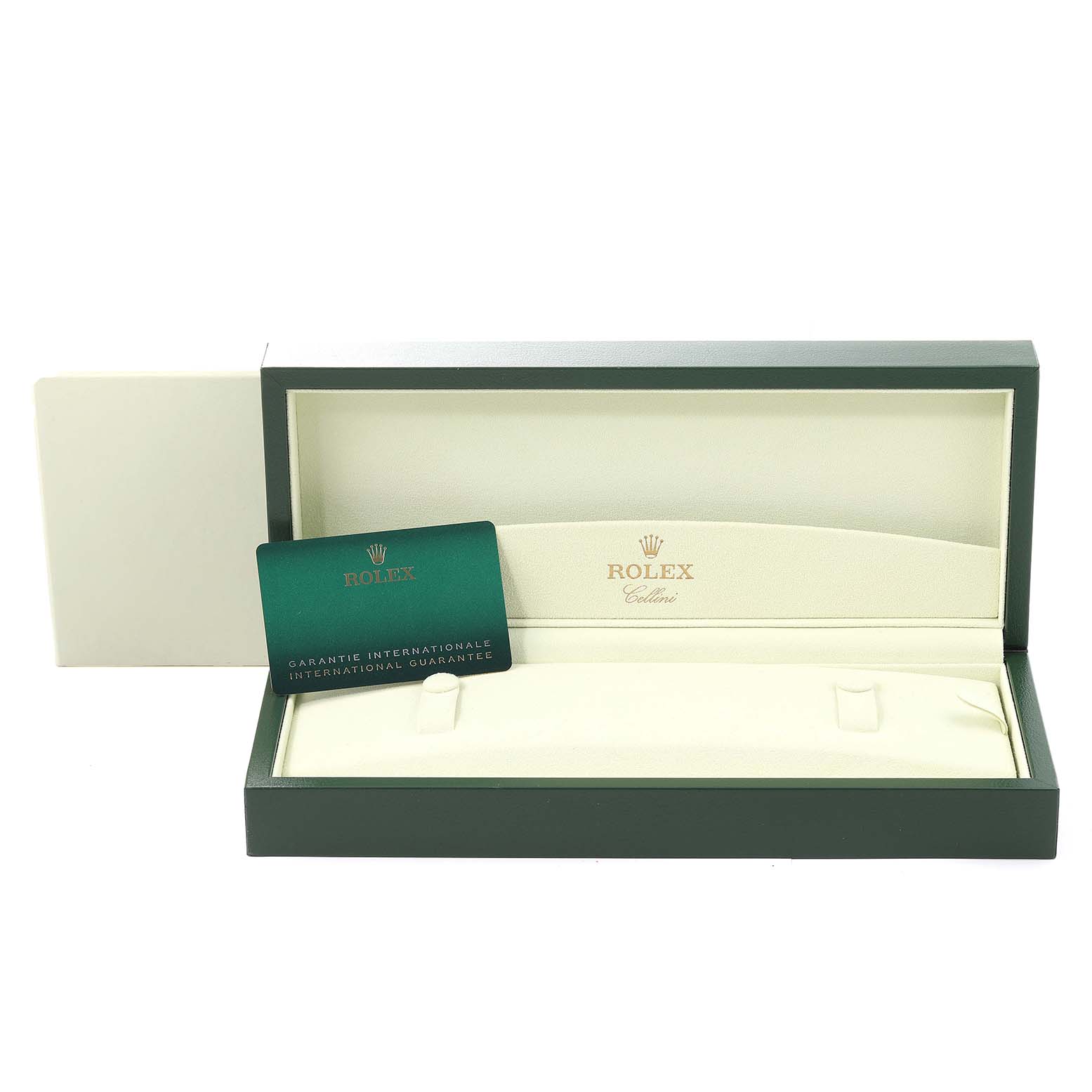 The image shows an open Rolex Cellini 50609RBR Men's White Gold Black Dial 50609RBR Men's White Gold Black Dial watch box and an international guarantee card.
