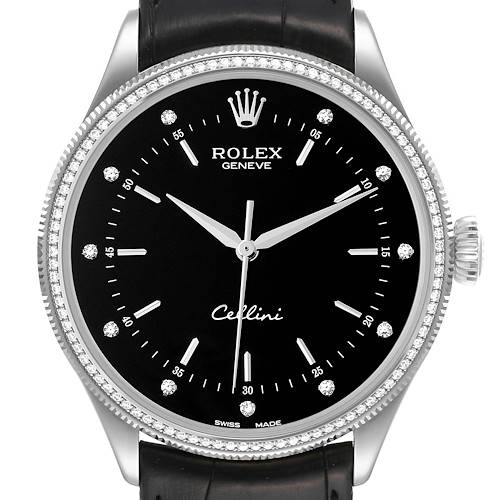 Photo of Rolex Cellini White Gold Black Dial Diamond Mens Watch 50609 Box Card