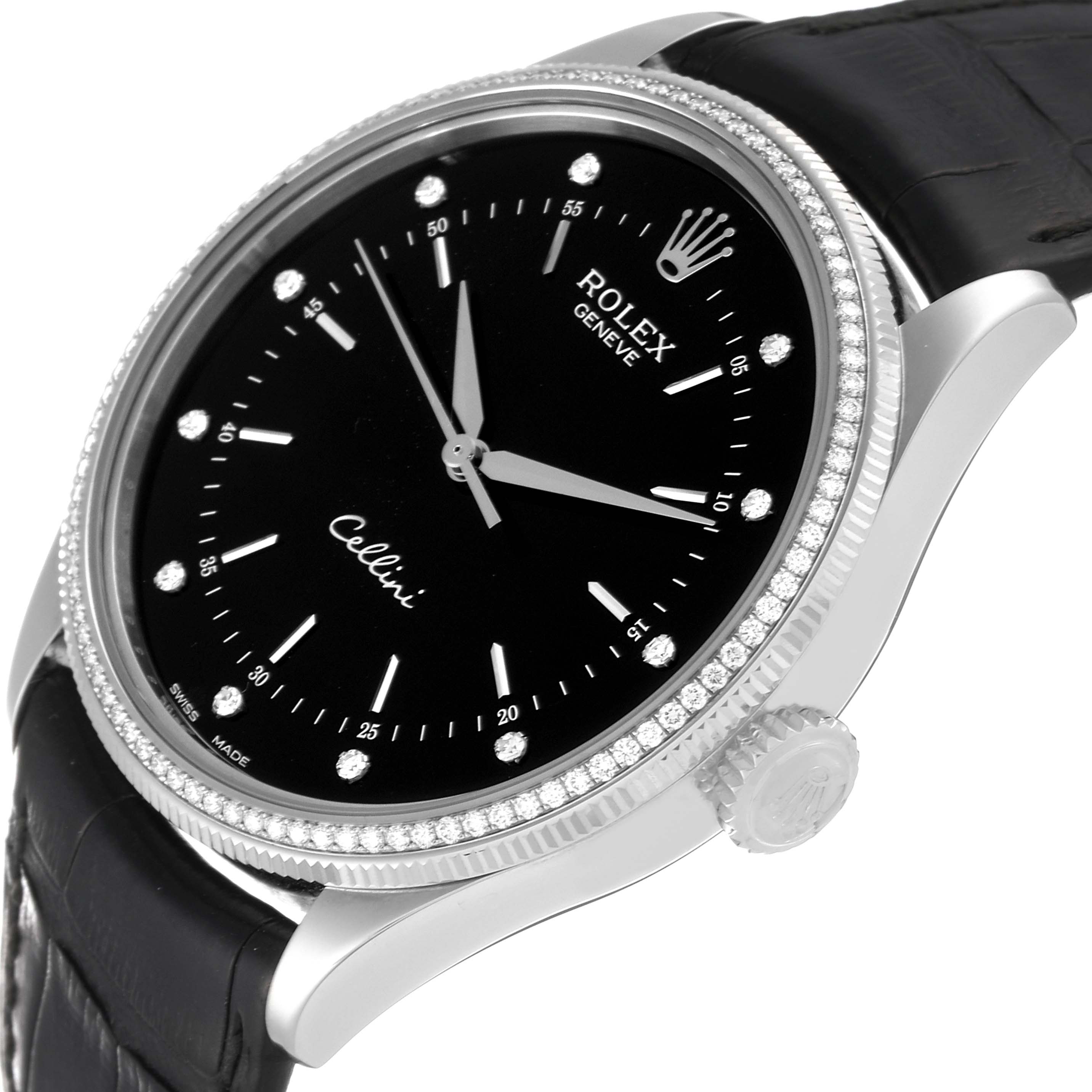 The Rolex Cellini 50609RBR Men's White Gold Black Dial 50609RBR Men's White Gold Black Dial watch is shown at an angled close-up, highlighting the dial, bezel, crown, and strap.
