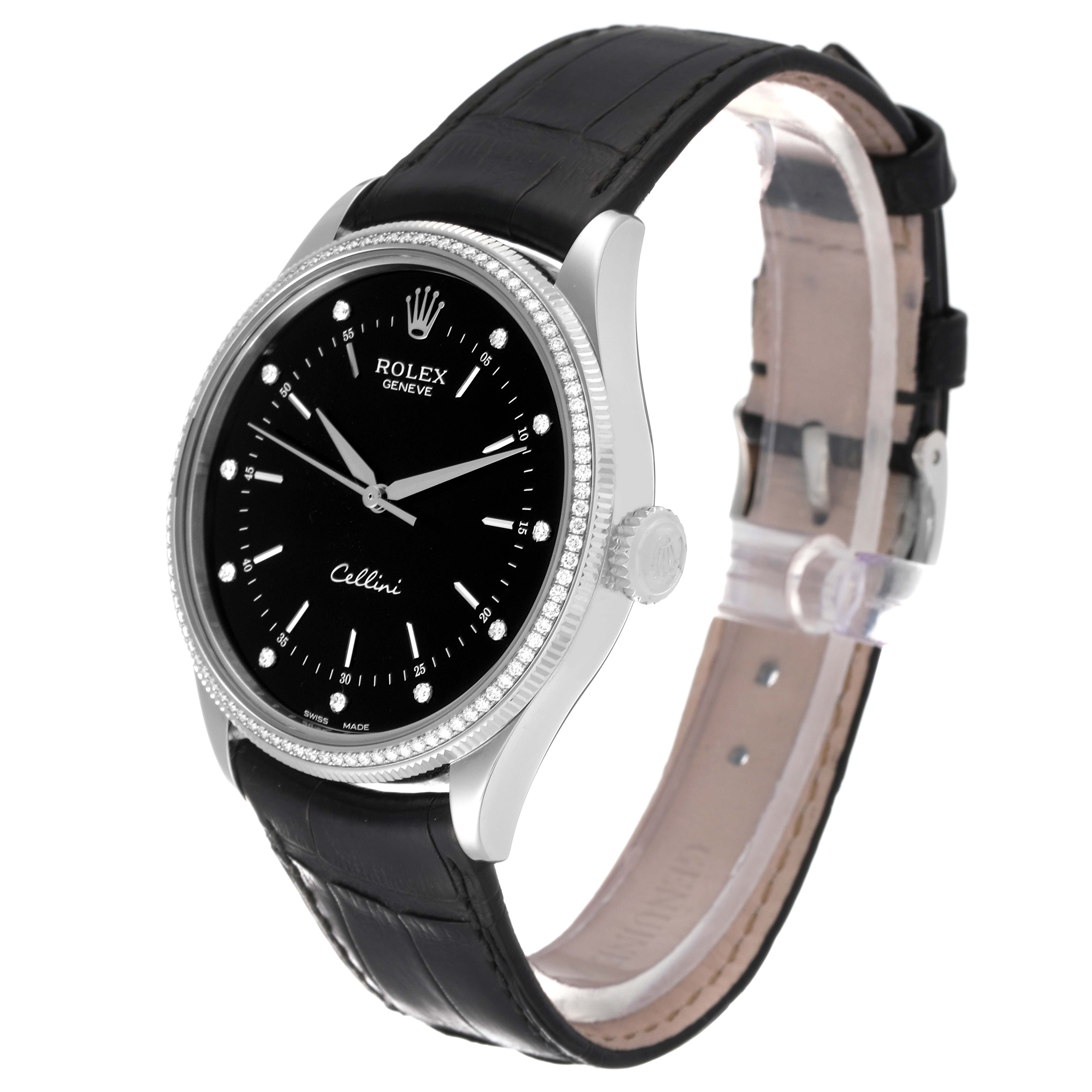 This image shows a Rolex Cellini 50609RBR Men's White Gold Black Dial 50609RBR Men's White Gold Black Dial watch from a three-quarter angle, highlighting the black dial, bezel, crown, and black leather strap.