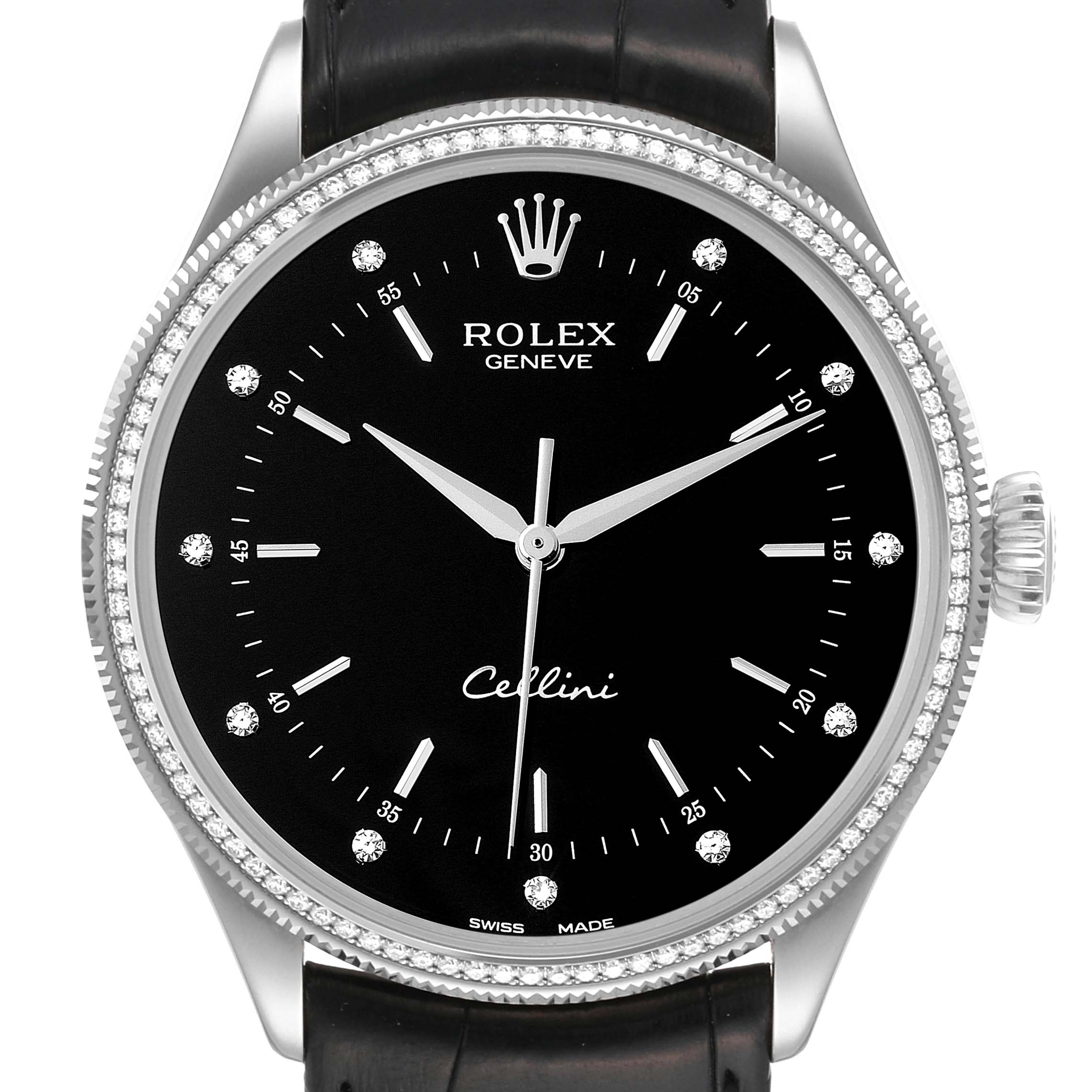 This image shows a close-up, front view of the dial and bezel of a Rolex Cellini 50609RBR Men's White Gold Black Dial 50609RBR Men's White Gold Black Dial watch.