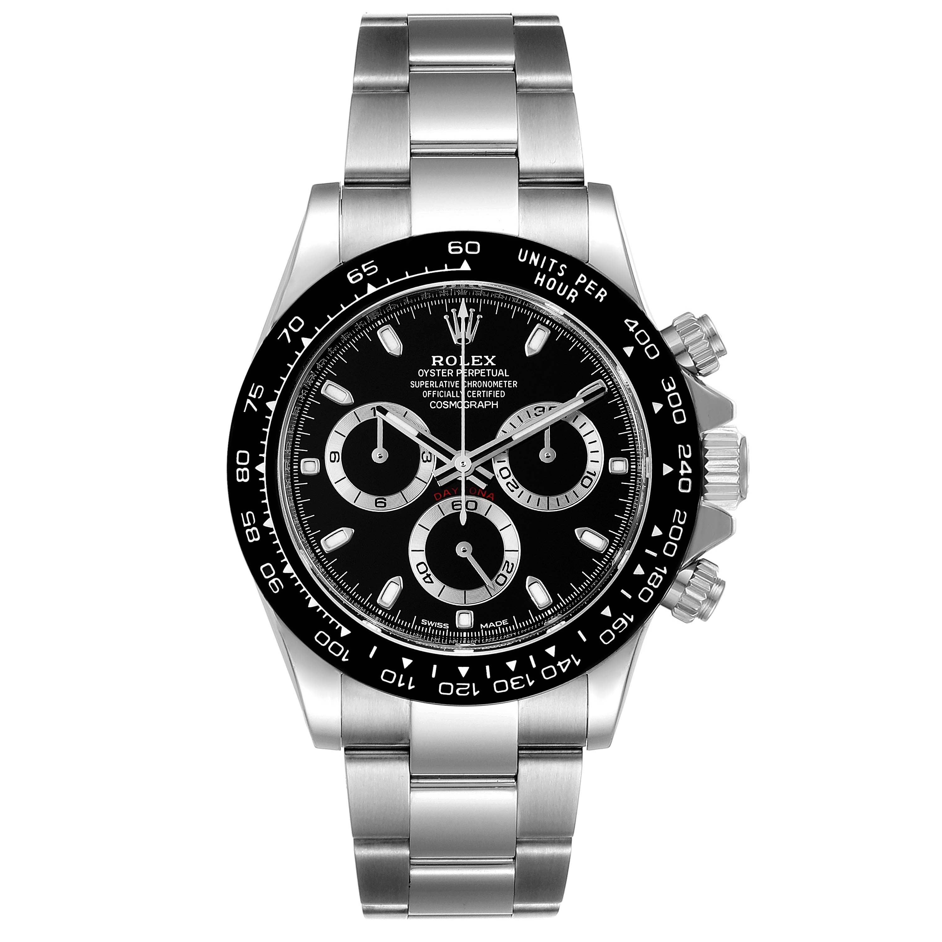 The image shows a frontal view of a Rolex Daytona 116500 Men
s Stainless Steel Black Dial 116500 Men
s Stainless Steel Black Dial watch displaying its dial, bezel, pushers, and bracelet.
