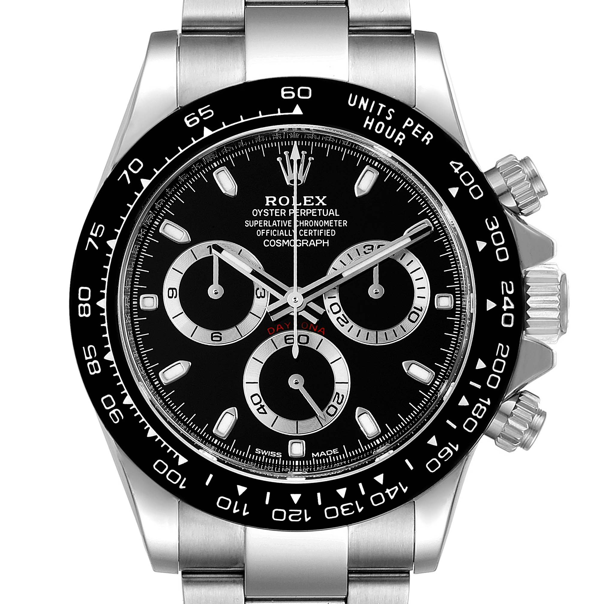 The image shows a Rolex Daytona 116500 Men
s Stainless Steel Black Dial 116500 Men
s Stainless Steel Black Dial watch from a front angle, highlighting the dial, bezel, and part of the bracelet.