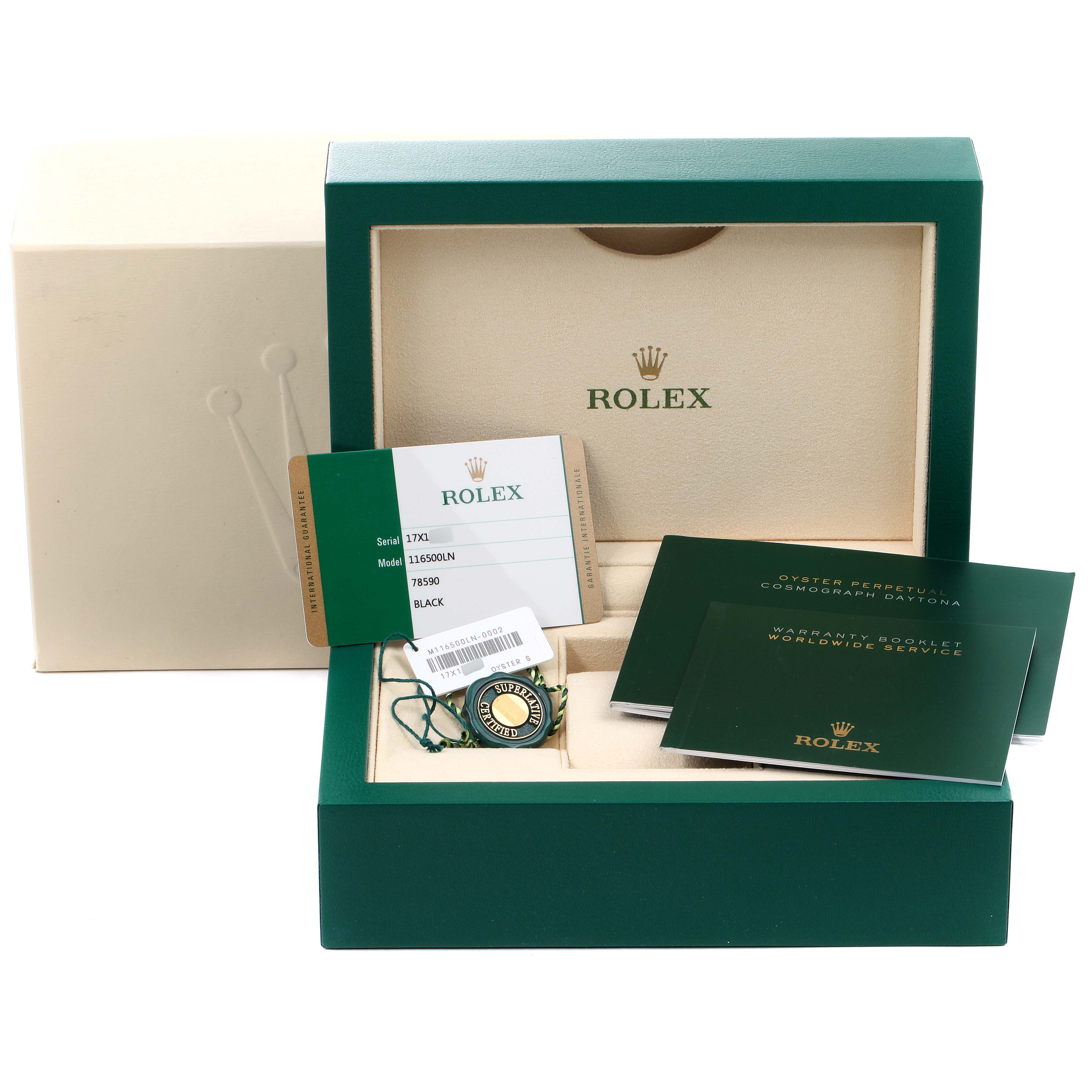 The image shows the packaging, warranty card, and booklets for the Rolex Daytona 116500 Men
s Stainless Steel Black Dial 116500 Men
s Stainless Steel Black Dial watch model.