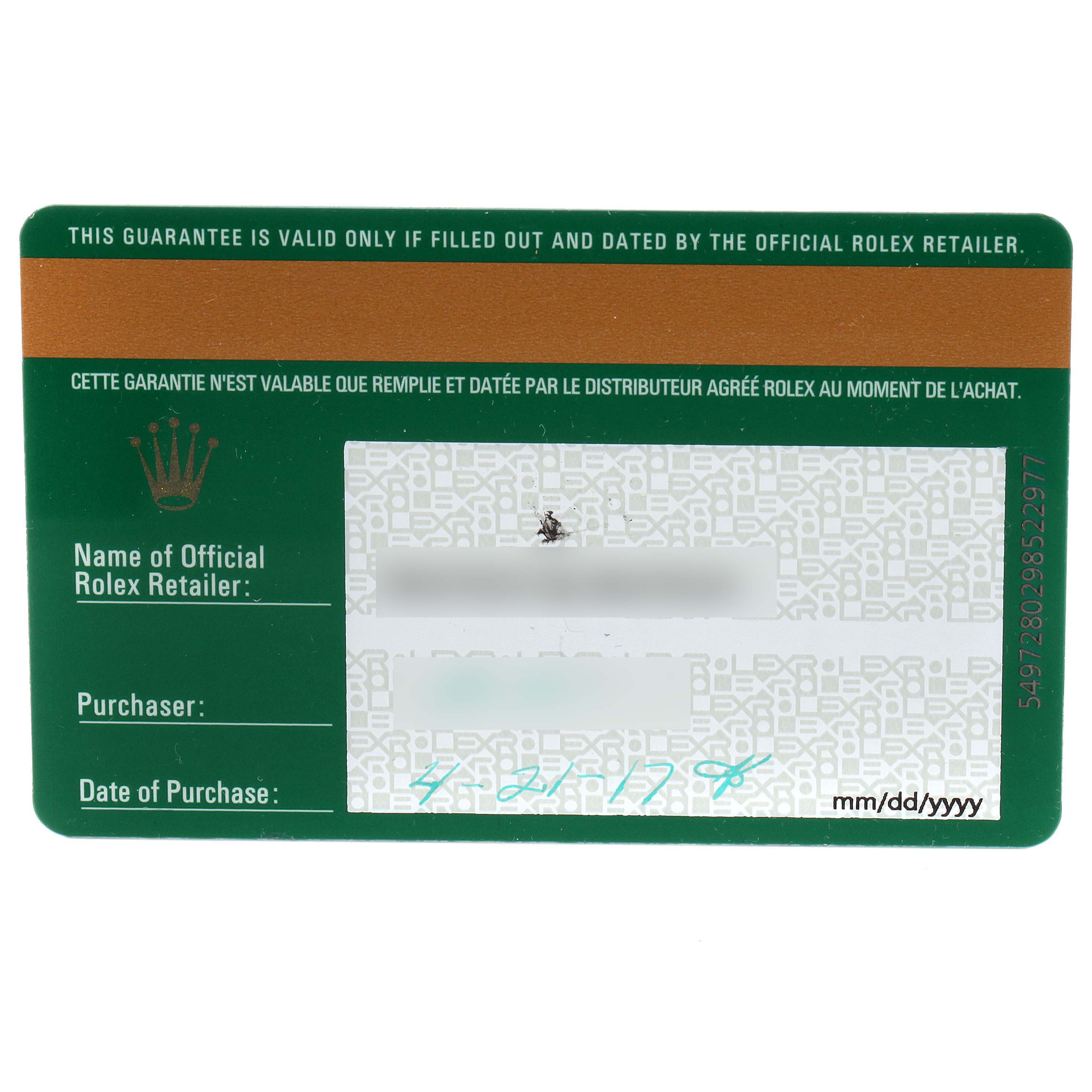 The image shows the front side of a warranty card for a Rolex Daytona 116500 Men
s Stainless Steel Black Dial 116500 Men
s Stainless Steel Black Dial watch.