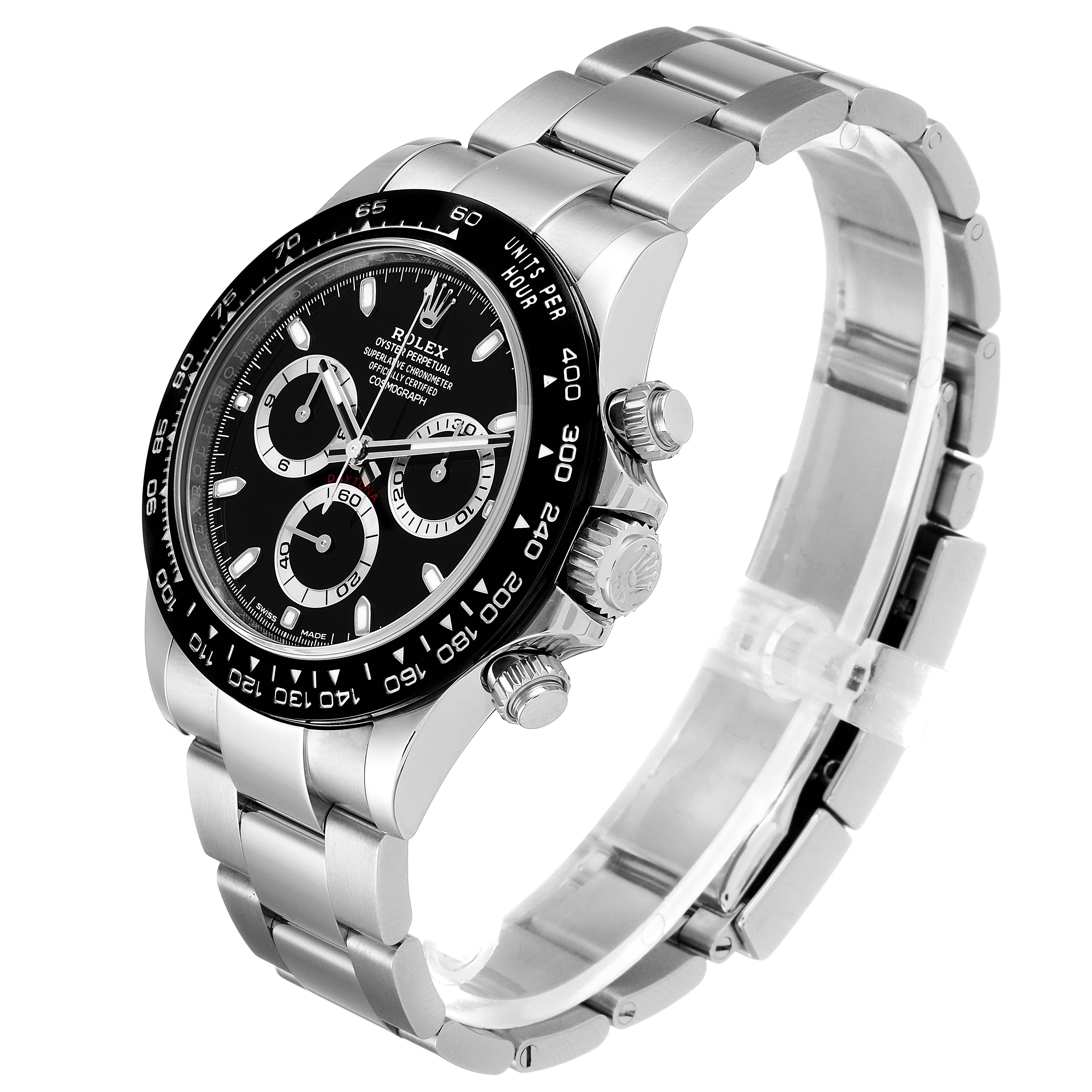 This image shows a Rolex Daytona 116500 Men
s Stainless Steel Black Dial 116500 Men
s Stainless Steel Black Dial model watch at an angle, highlighting the bezel, dial, bracelet, crown, and pushers.