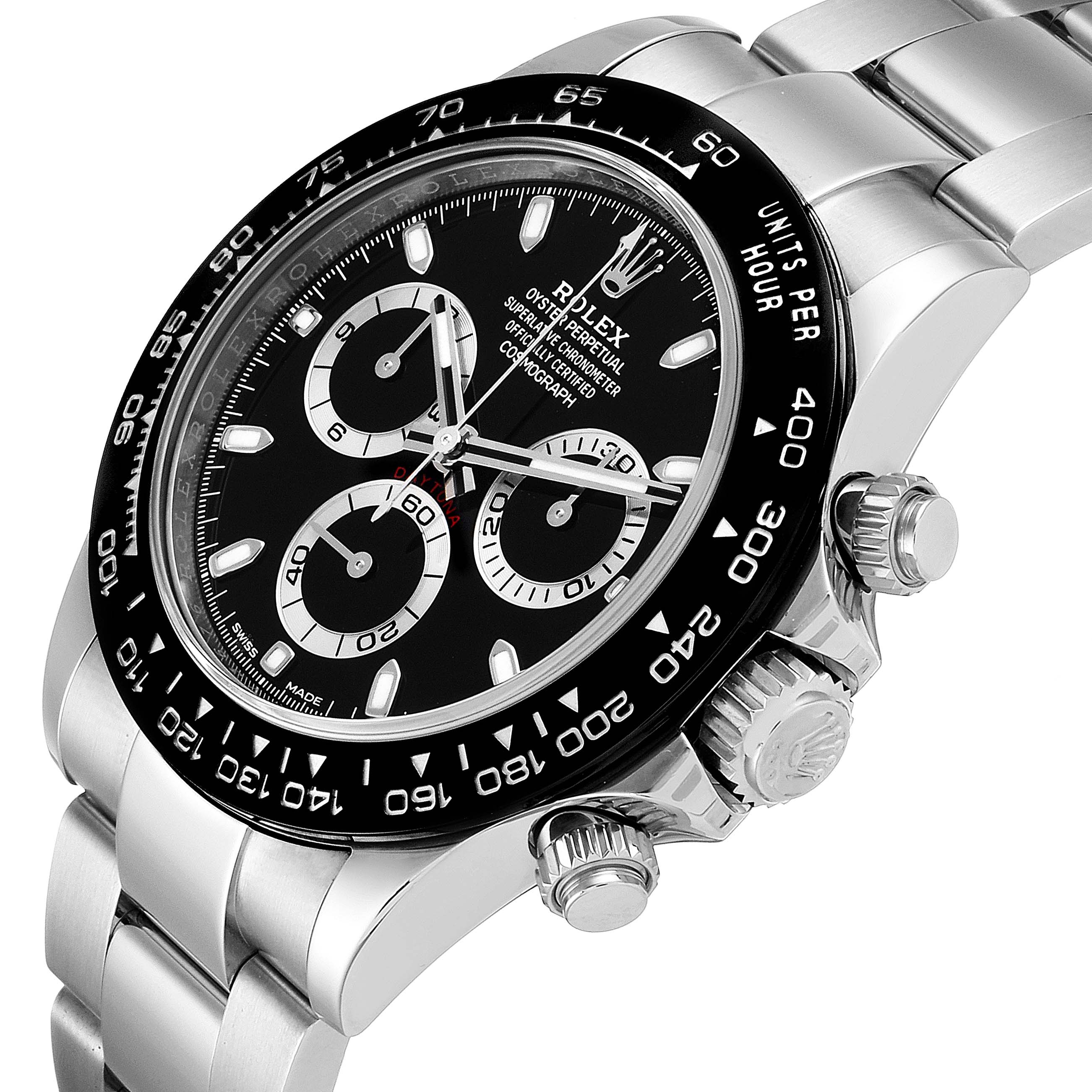 This image shows a close-up angle of a Rolex Daytona 116500 Men
s Stainless Steel Black Dial 116500 Men
s Stainless Steel Black Dial watch, highlighting the dial, bezel, and crown.