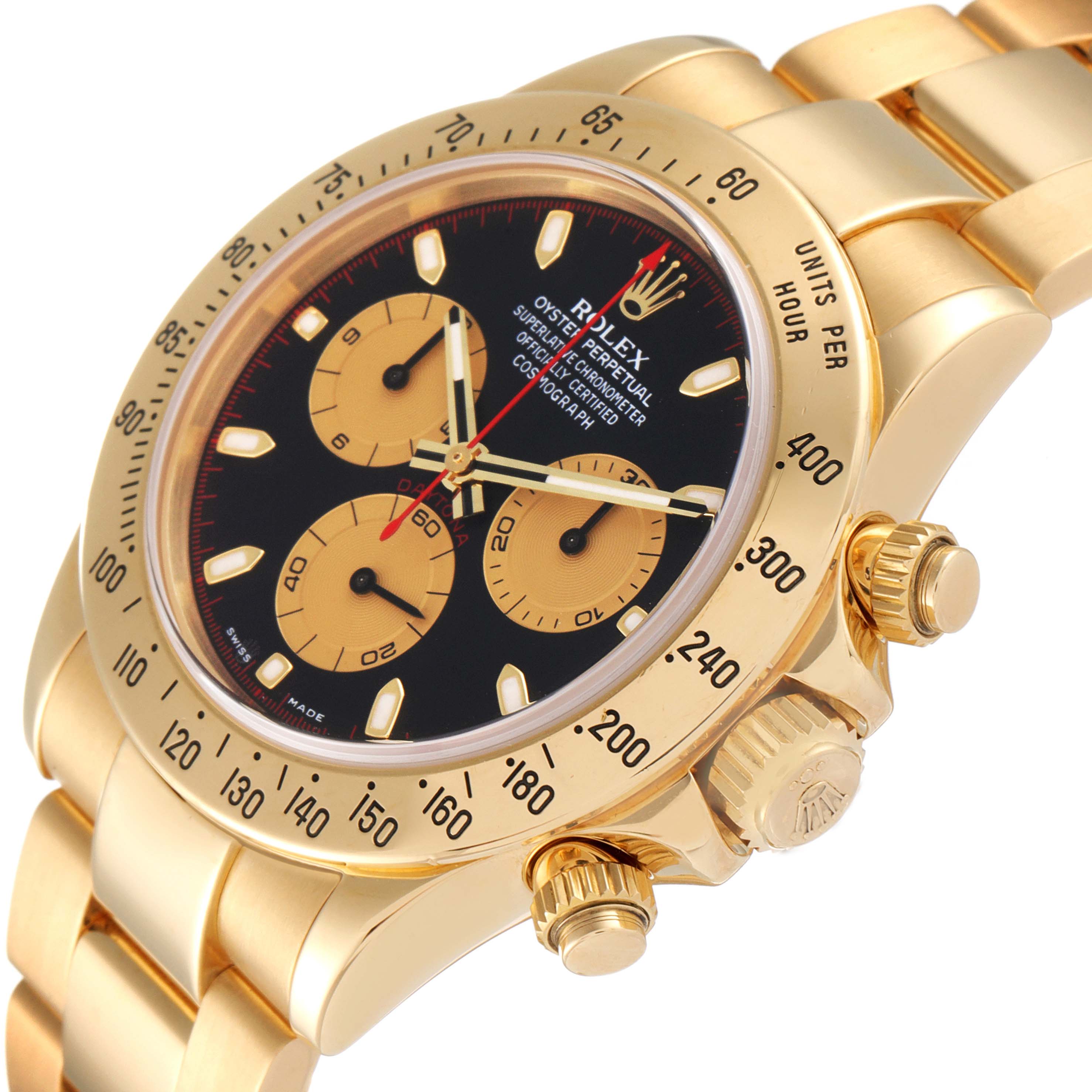 The image shows a side angle of a Rolex Daytona 116528 Men's Yellow Gold Black Dial 116528 Men's Yellow Gold Black Dial watch, highlighting the bezel, dials, and crown.