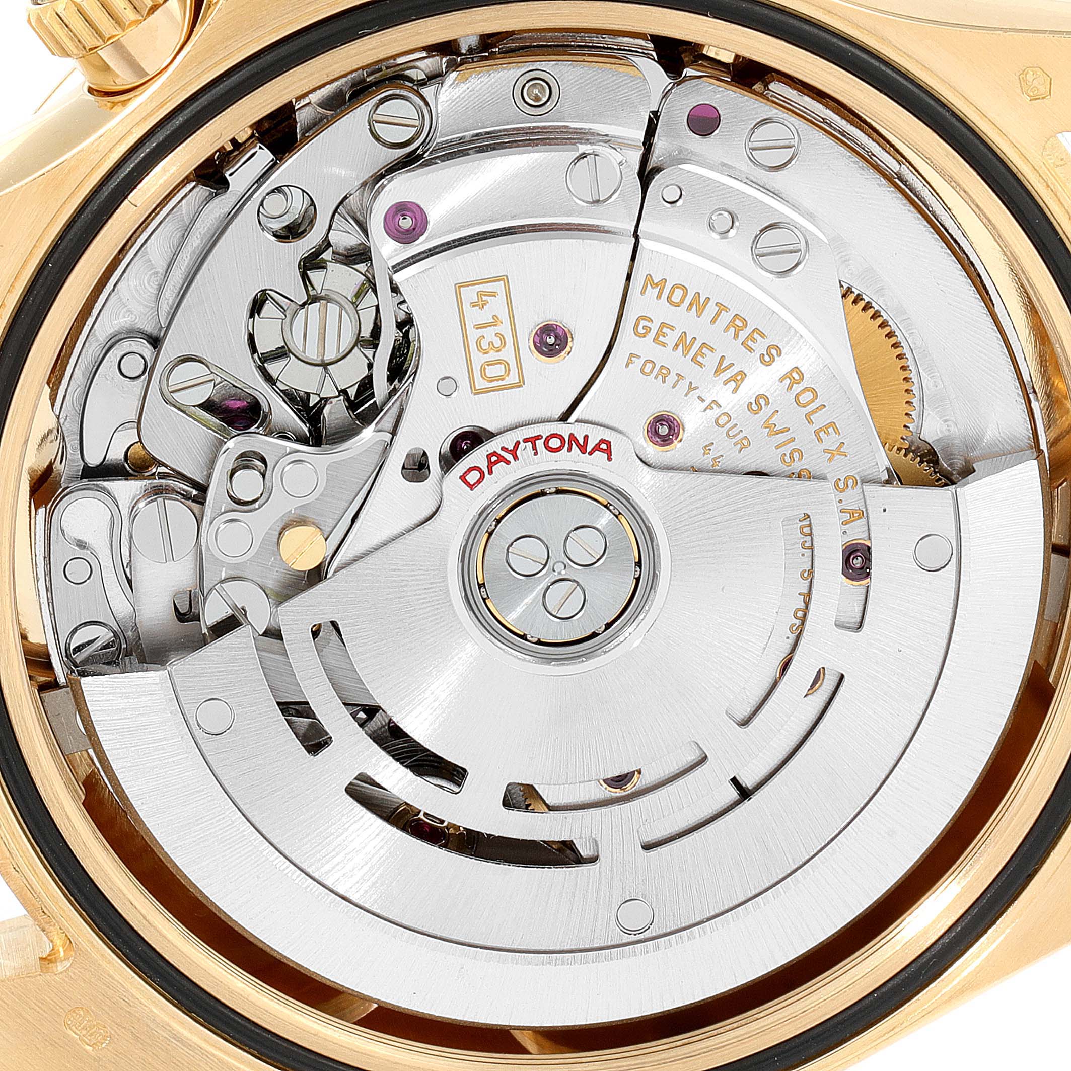 This image shows the inner mechanism and movement of a Rolex Daytona 116528 Men's Yellow Gold Black Dial 116528 Men's Yellow Gold Black Dial watch, viewed from the back.