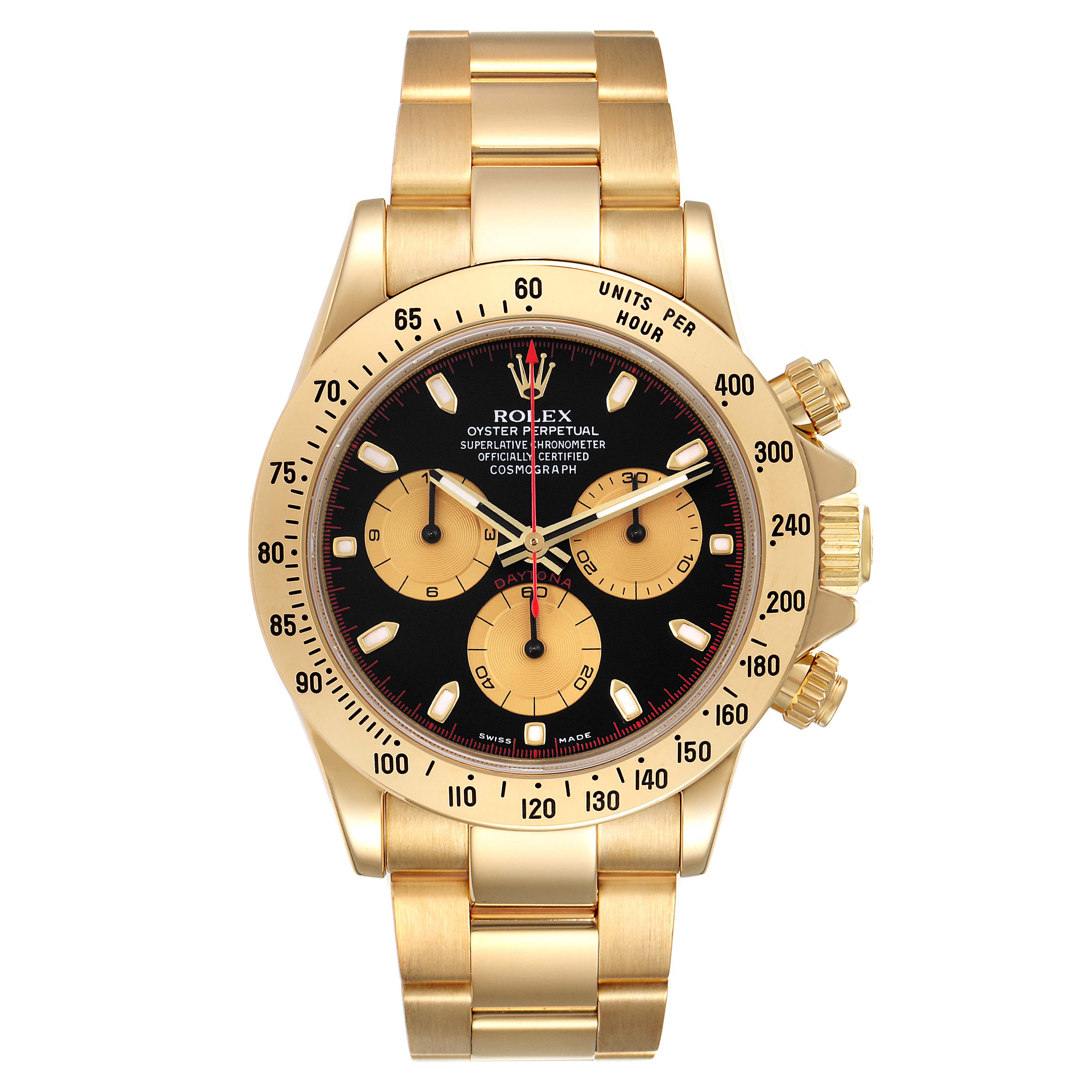 The image shows a front view of a Rolex Daytona 116528 Men's Yellow Gold Black Dial 116528 Men's Yellow Gold Black Dial watch with a black and gold color scheme.