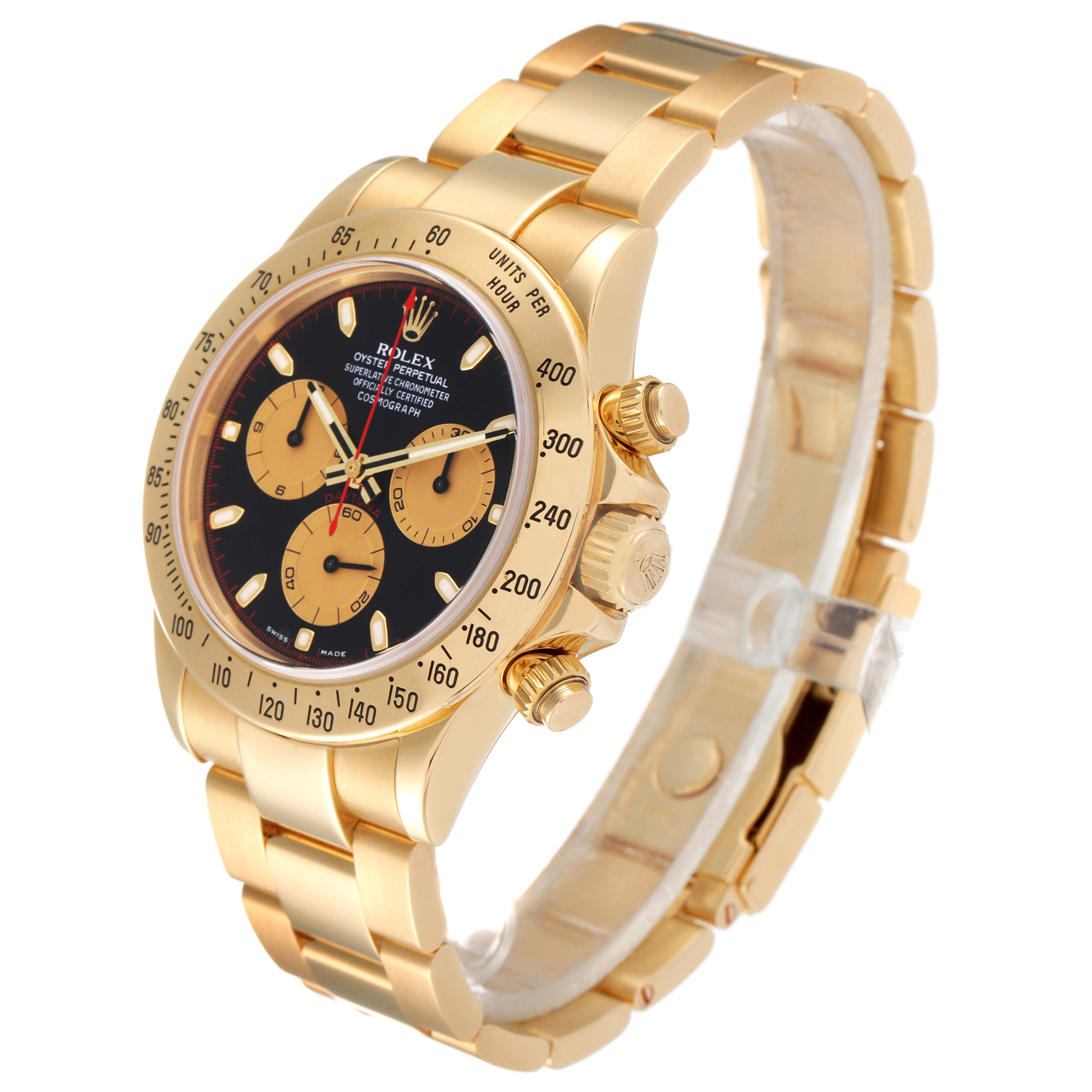 The image shows a Rolex Daytona 116528 Men's Yellow Gold Black Dial 116528 Men's Yellow Gold Black Dial watch at a three-quarter angle, focusing on the face, crown, and bracelet.