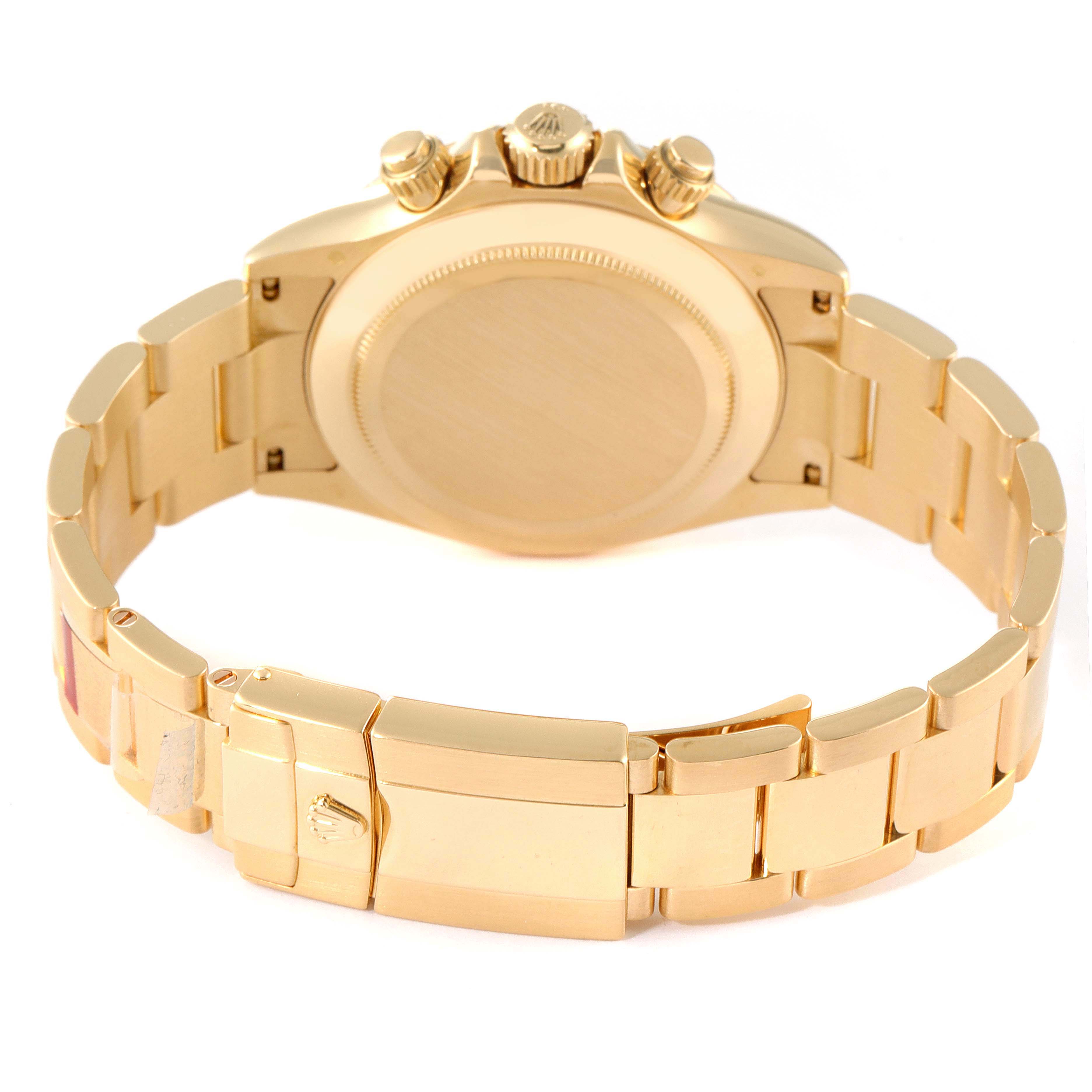 The image shows the back view of a Rolex Daytona 116528 Men's Yellow Gold Black Dial 116528 Men's Yellow Gold Black Dial watch, highlighting the case back and bracelet.