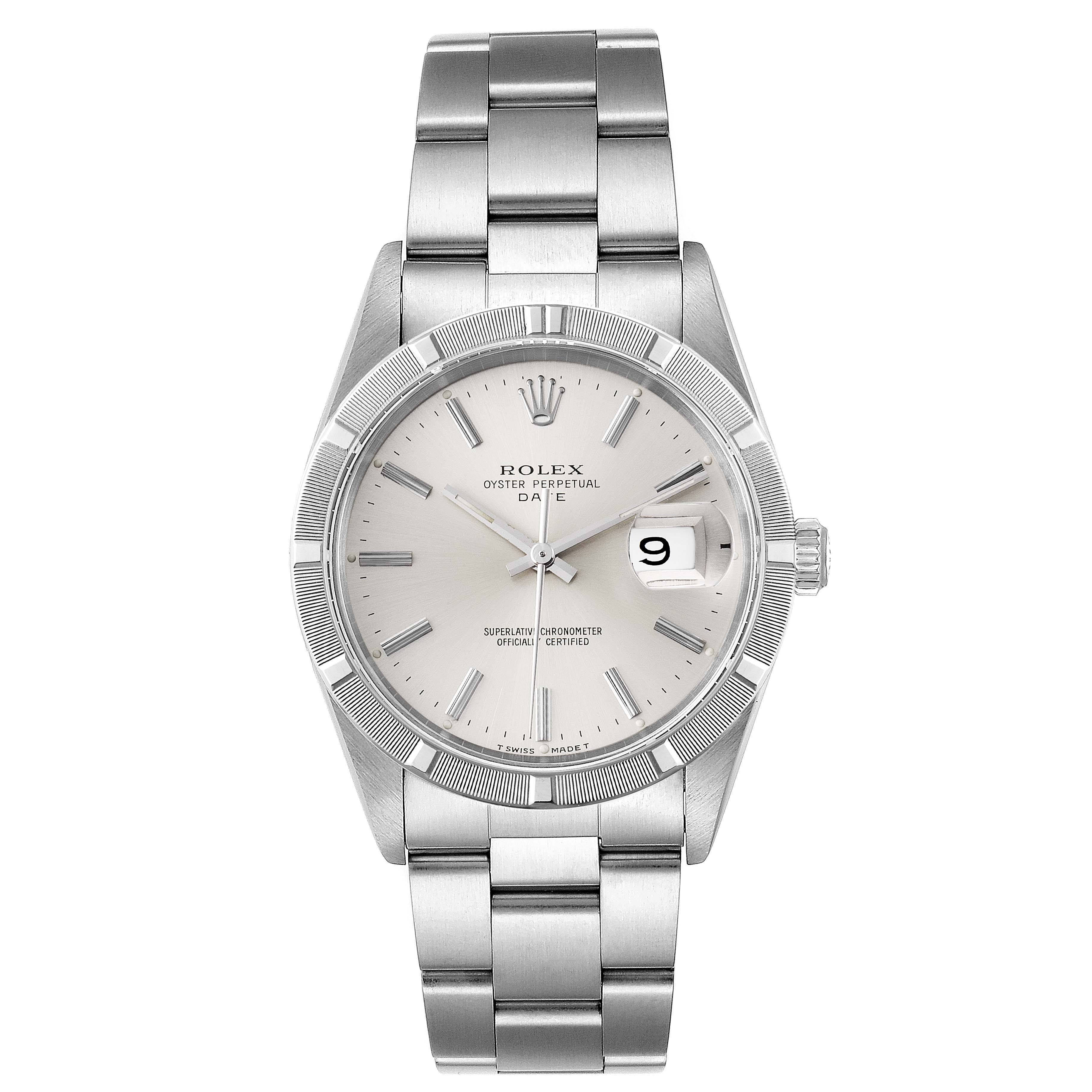 The image shows a front view of the Rolex Air-King 15210 Men's Stainless Steel Silver Dial 15210 Men's Stainless Steel Silver Dial watch, displaying its face, bracelet, and crown.