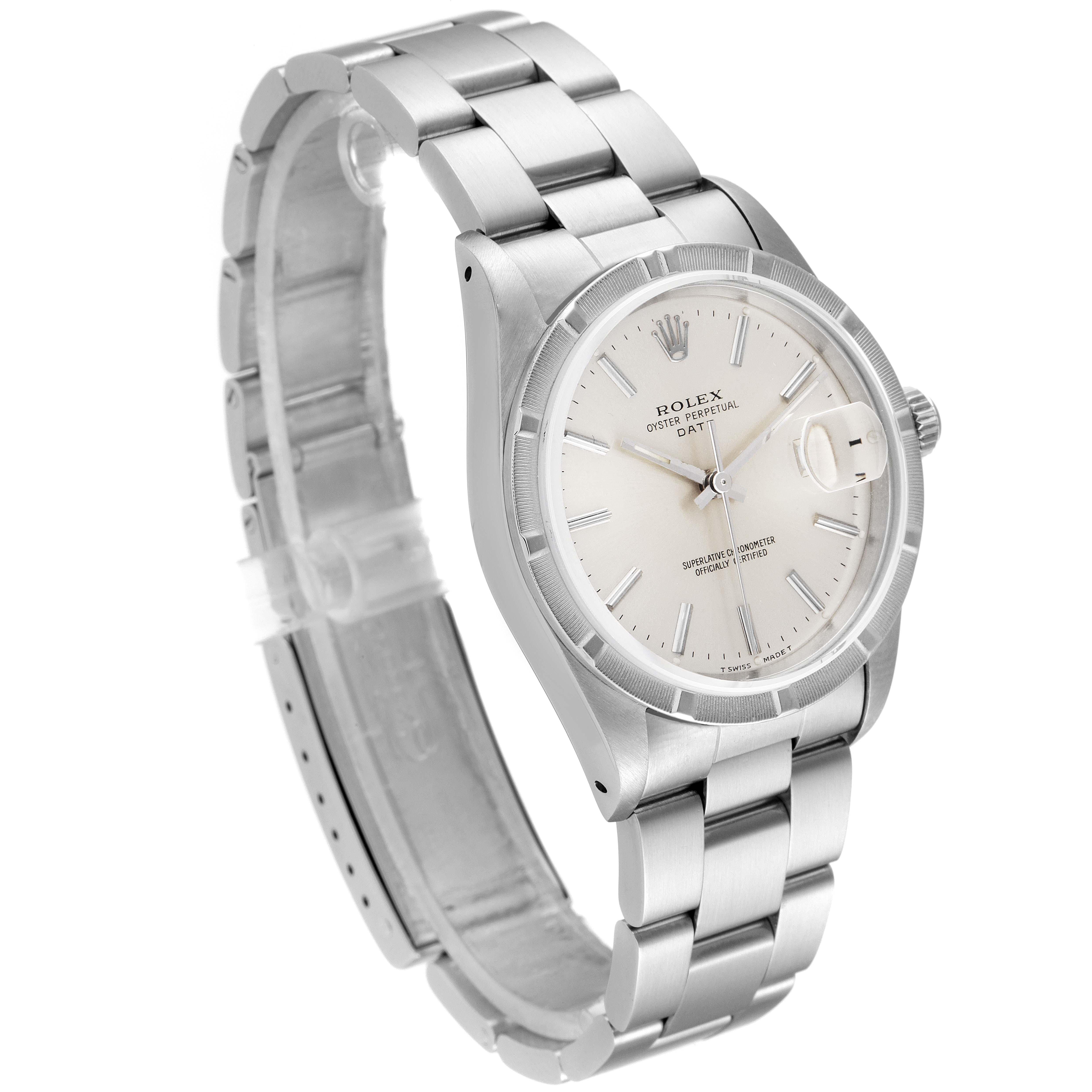 The image shows a Rolex Air-King 15210 Men's Stainless Steel Silver Dial 15210 Men's Stainless Steel Silver Dial watch at a three-quarter angle, highlighting the face, bezel, and metal bracelet.