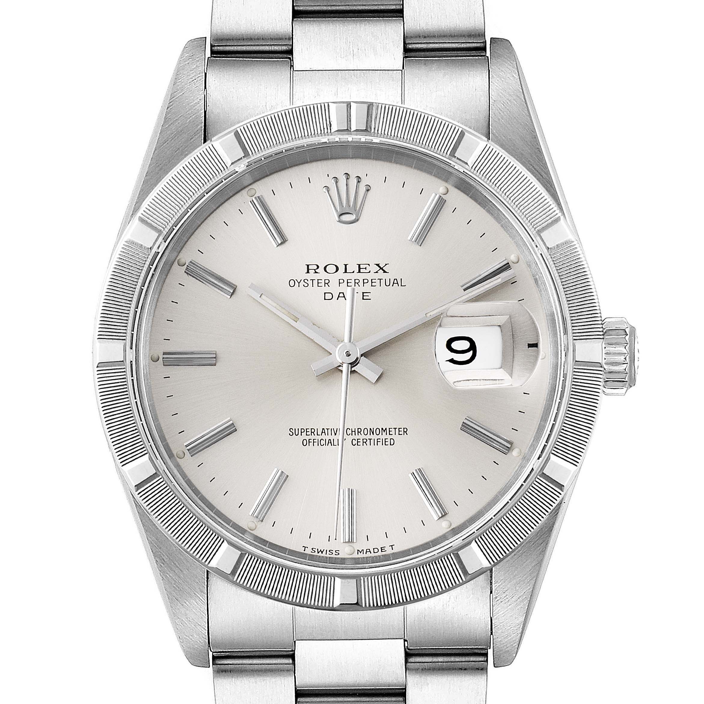 The image shows the front face of a Rolex Air-King 15210 Men's Stainless Steel Silver Dial 15210 Men's Stainless Steel Silver Dial, displaying the dial, hands, crown, and part of the bracelet.