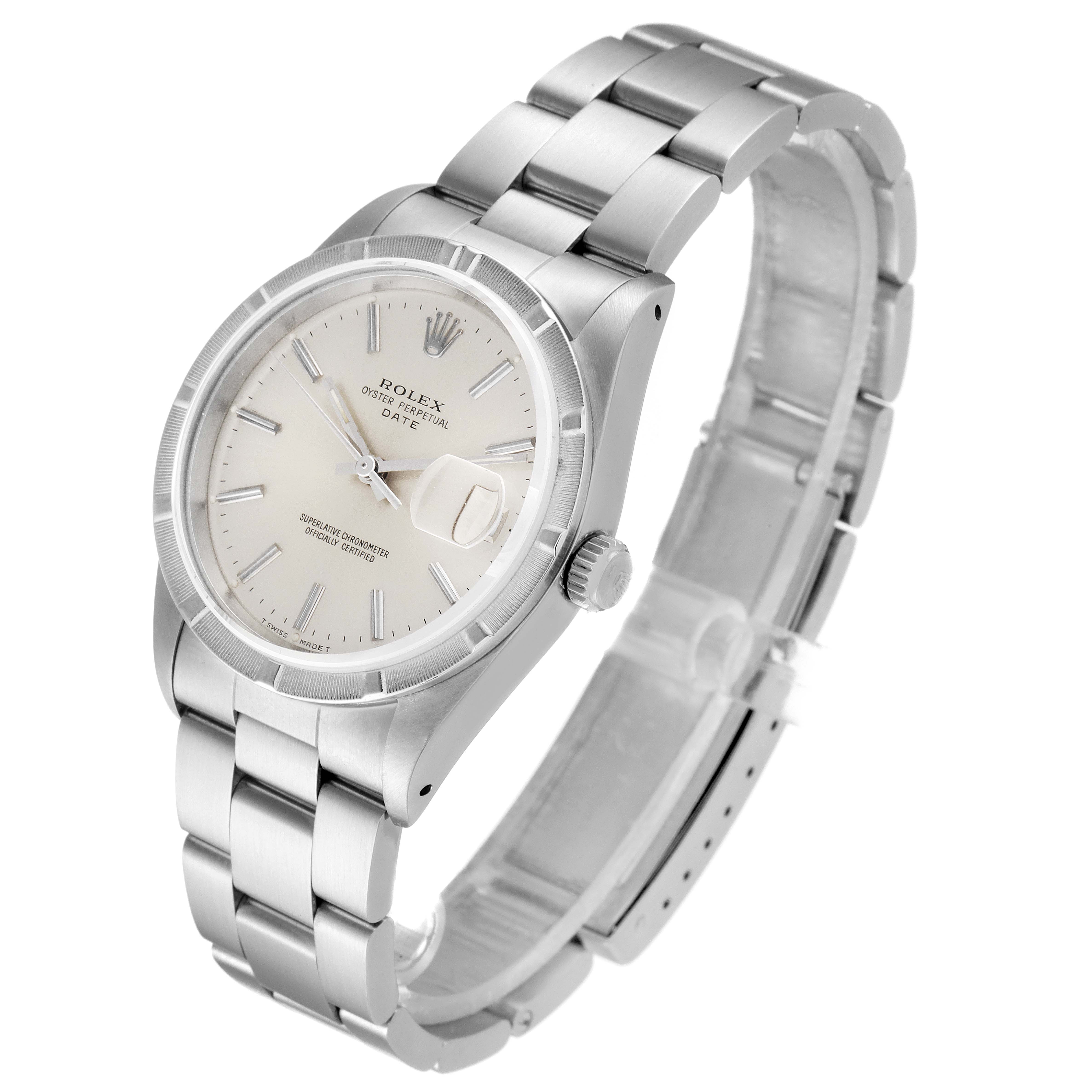 The image shows a Rolex Air-King 15210 Men's Stainless Steel Silver Dial 15210 Men's Stainless Steel Silver Dial watch from an angled perspective highlighting its face, bezel, crown, and bracelet.